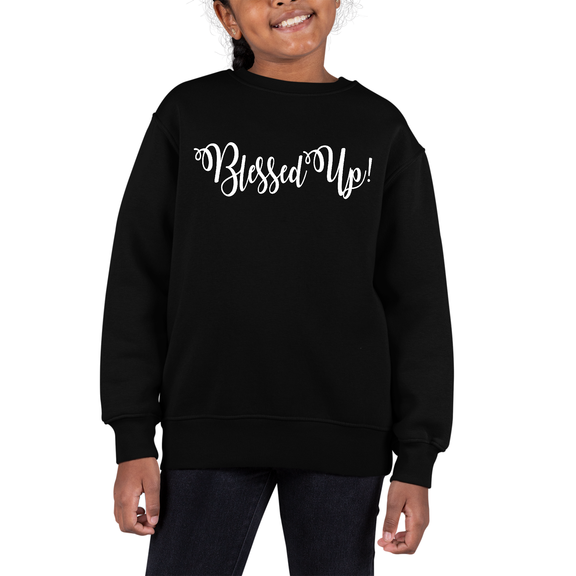 Youth graphic sweatshirt featuring the motivational quote 'Blessed Up' in a stylish design, perfect for girls.