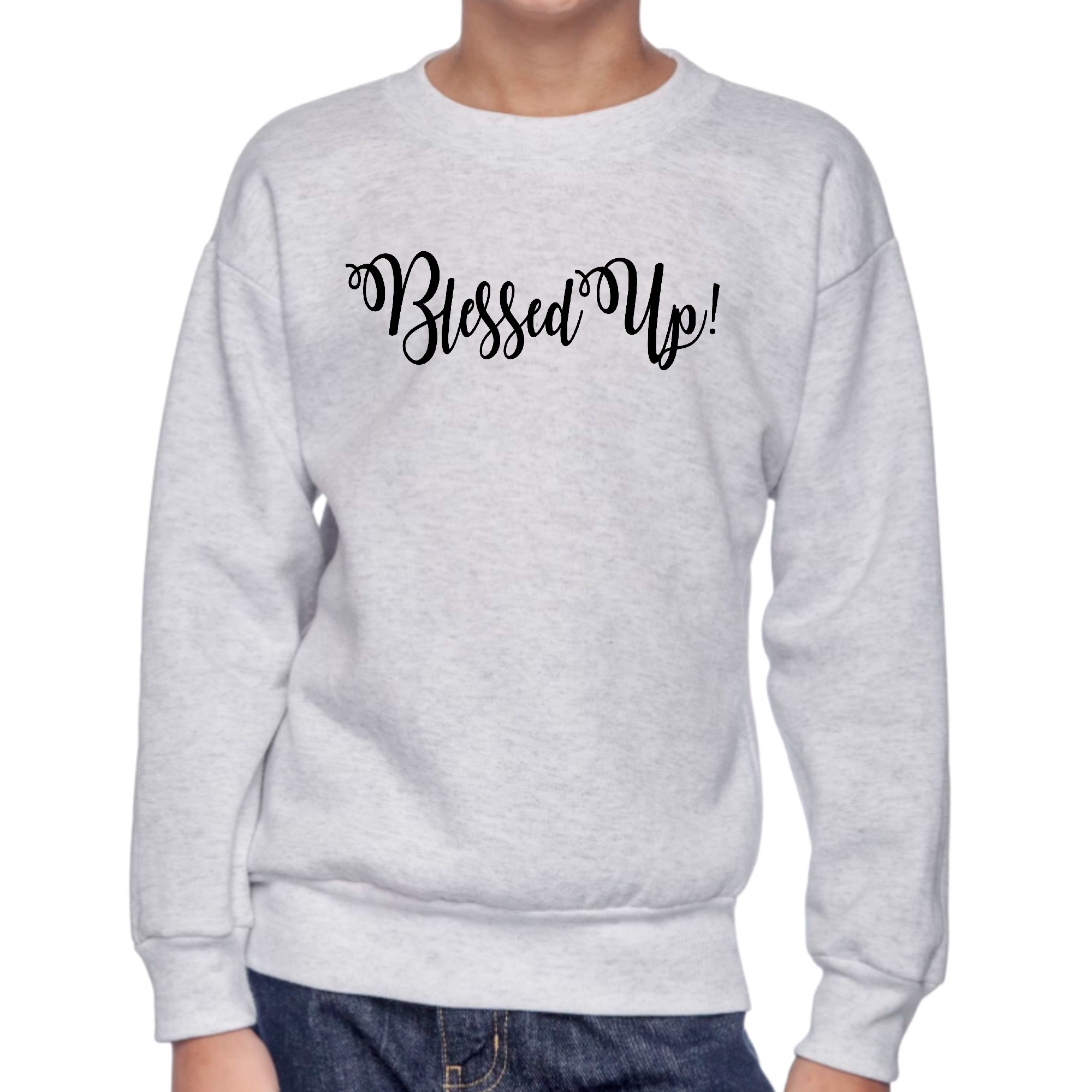 Youth graphic sweatshirt featuring a Blessed Up motivational quote in black illustration, designed for boys with long sleeves and a comfortable fit.