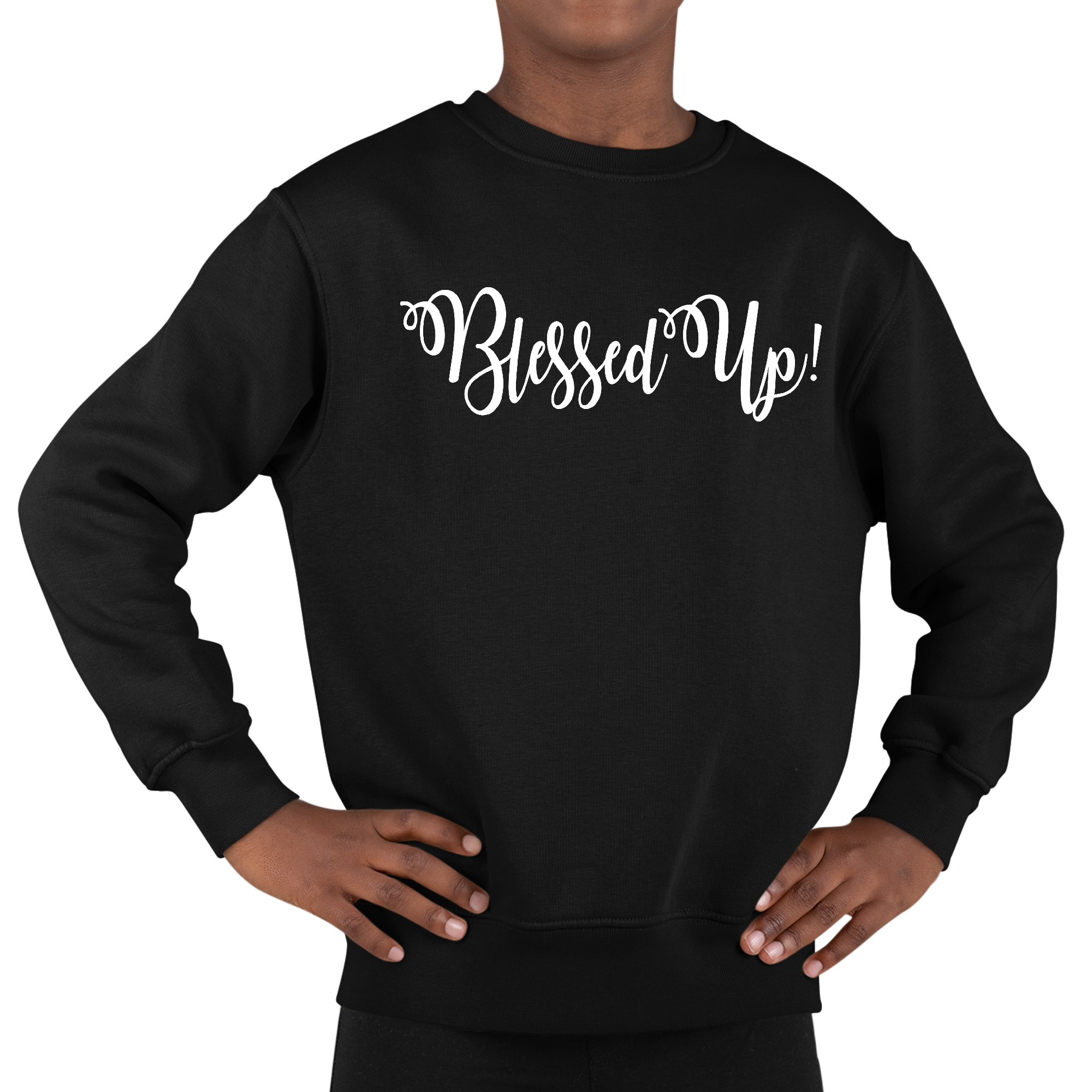 Youth Graphic Sweatshirt Blessed Up featuring a motivational quote, long sleeves, and ribbed collar in a stylish design.