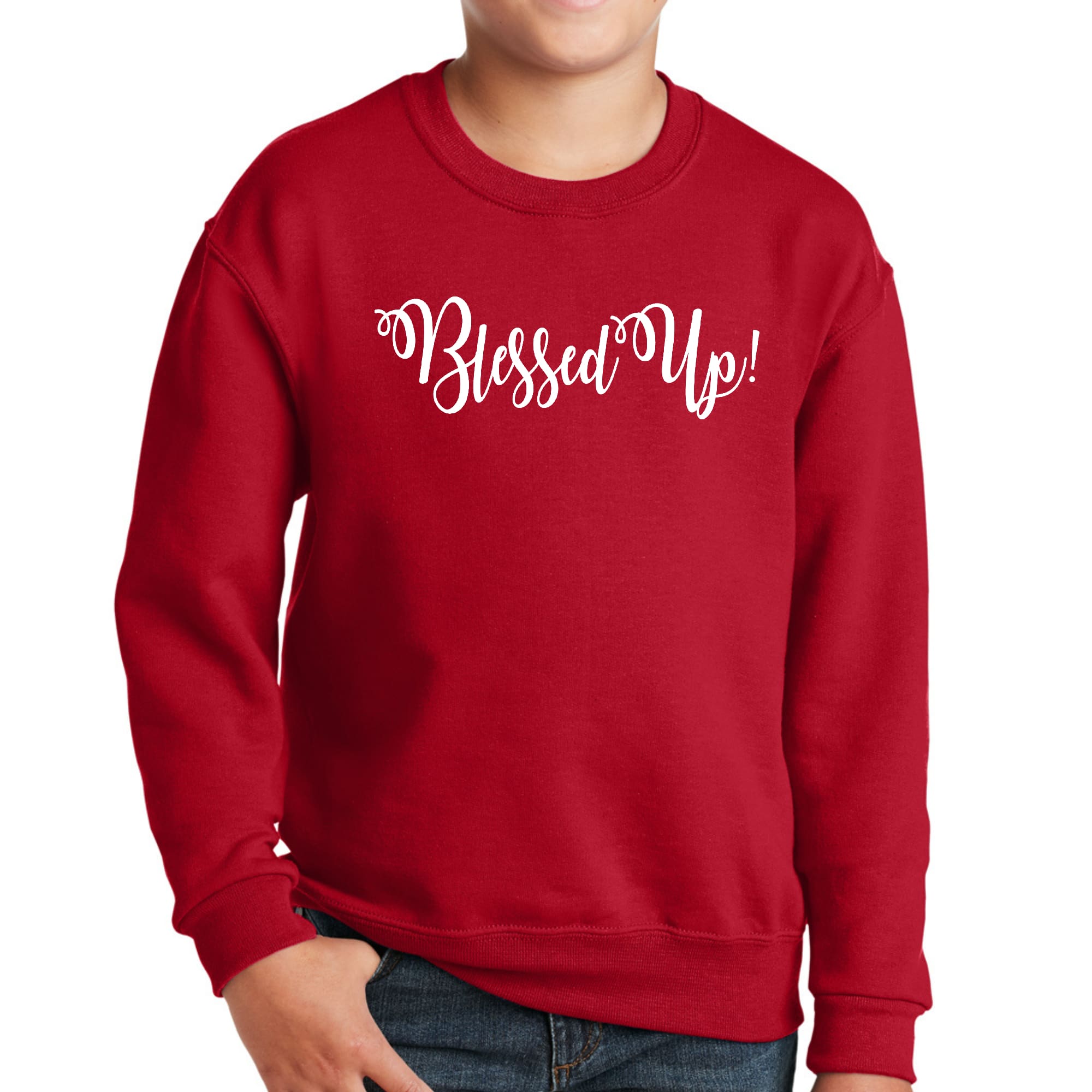 Youth Graphic Sweatshirt Blessed Up featuring a motivational quote, long sleeves, and ribbed collar in a stylish design.