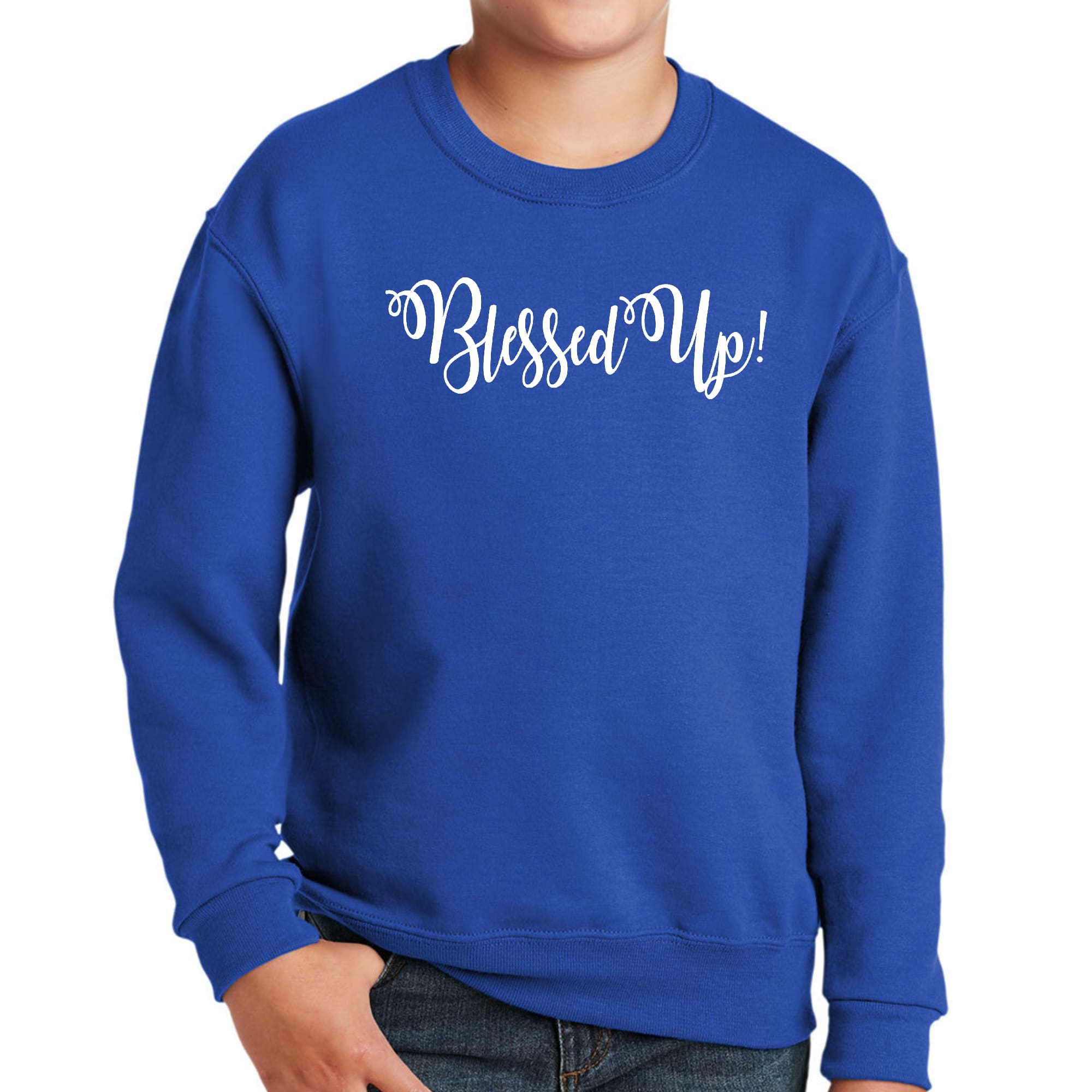 Youth Graphic Sweatshirt Blessed Up featuring a motivational quote, long sleeves, and ribbed collar in a stylish design.