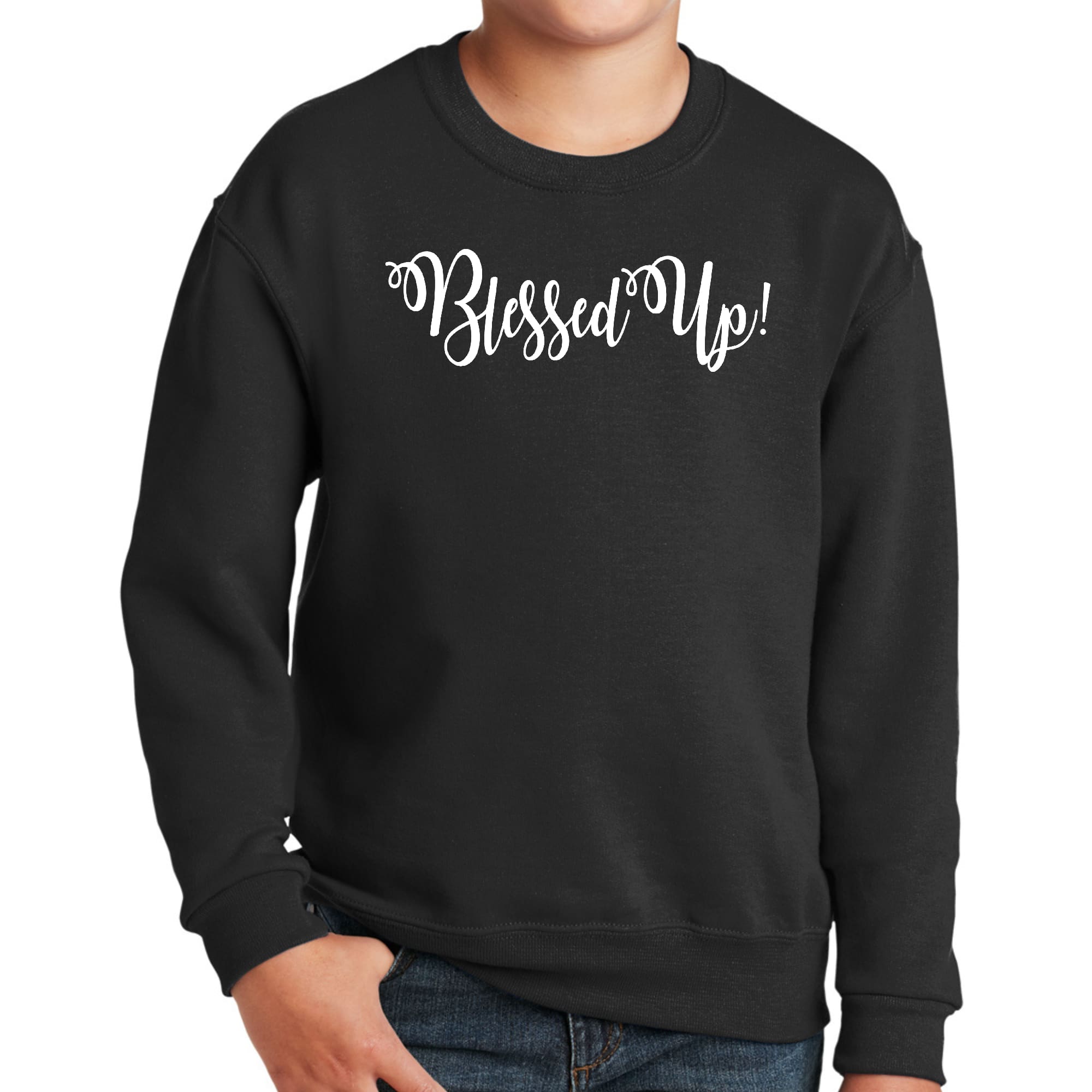 Youth Graphic Sweatshirt Blessed Up featuring a motivational quote, long sleeves, and ribbed collar in a stylish design.