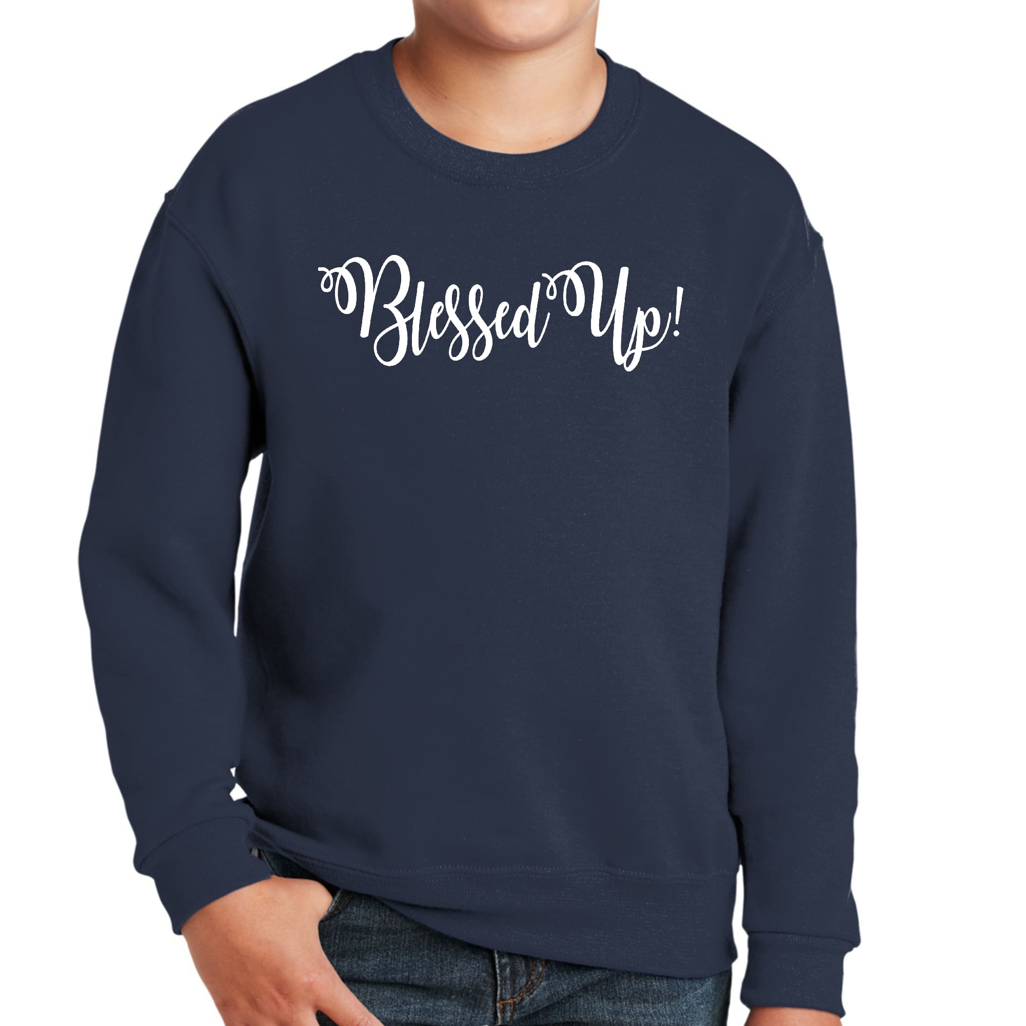 Youth Graphic Sweatshirt Blessed Up featuring a motivational quote, long sleeves, and ribbed collar in a stylish design.