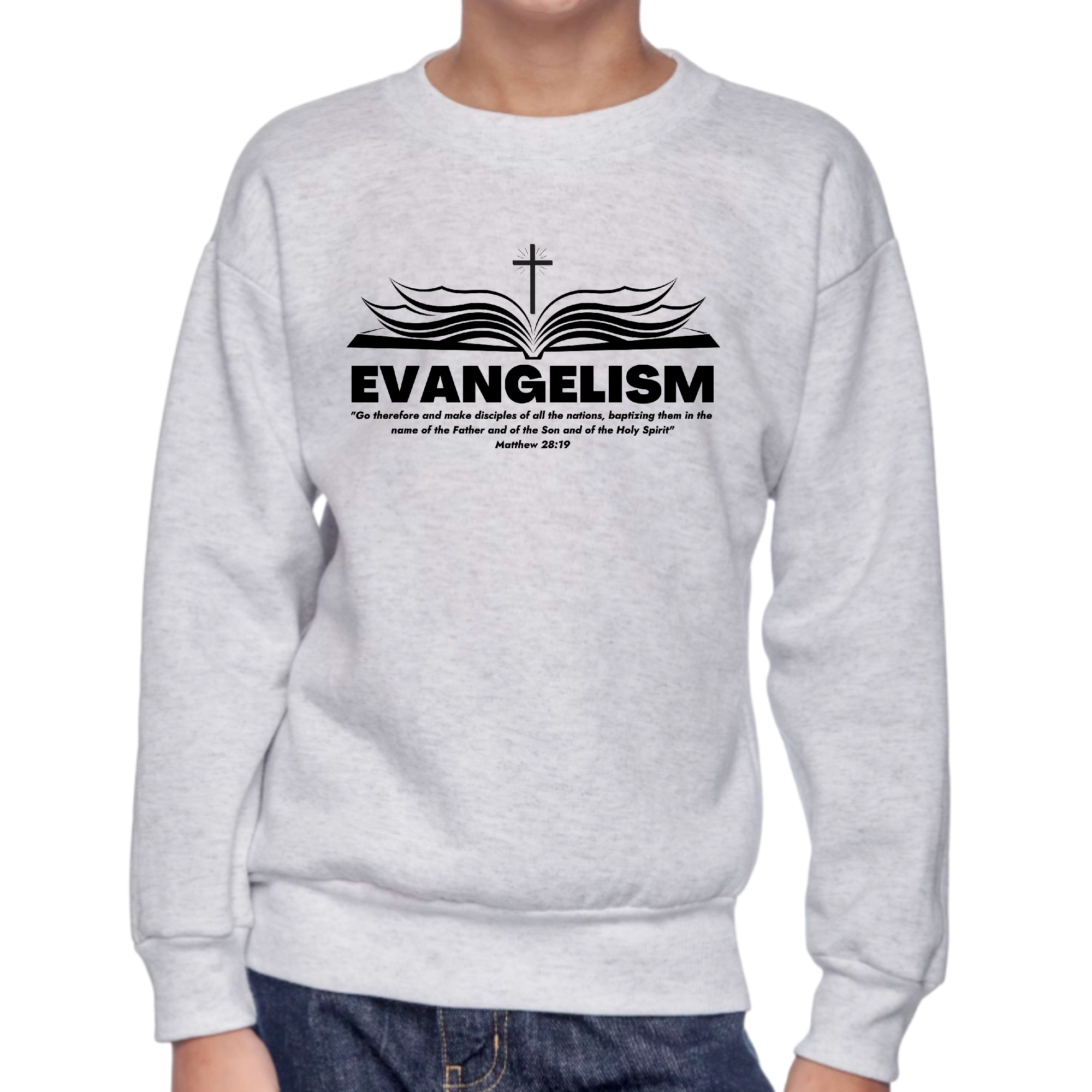 Youth graphic sweatshirt featuring the phrase 'Go Therefore and Make Disciples', designed for boys with long sleeves and a comfortable fit.