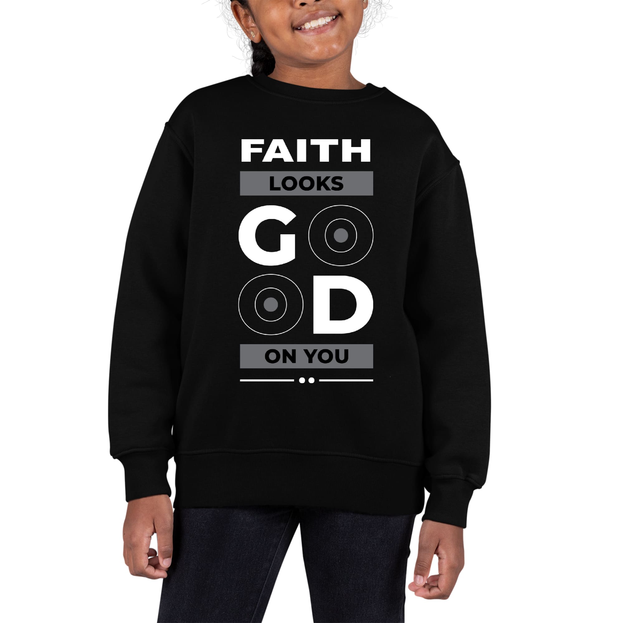 Youth Graphic Sweatshirt in a stylish design featuring a faith-themed graphic, made from durable cotton-polyester blend, perfect for girls.