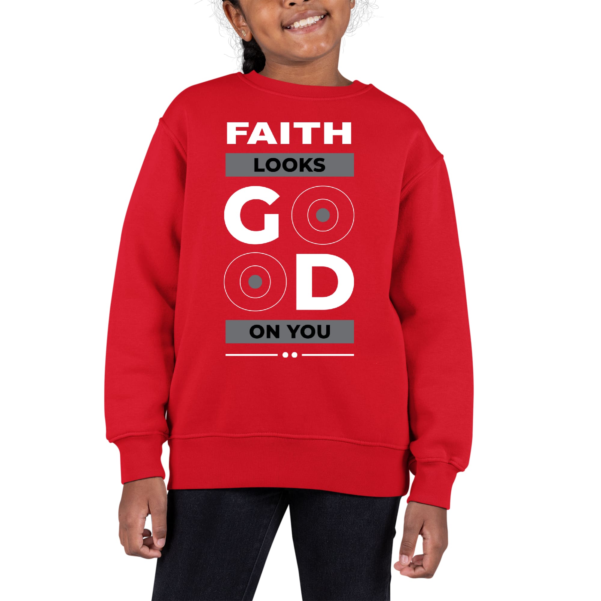 Youth Graphic Sweatshirt in a stylish design featuring a faith-themed graphic, made from durable cotton-polyester blend, perfect for girls.