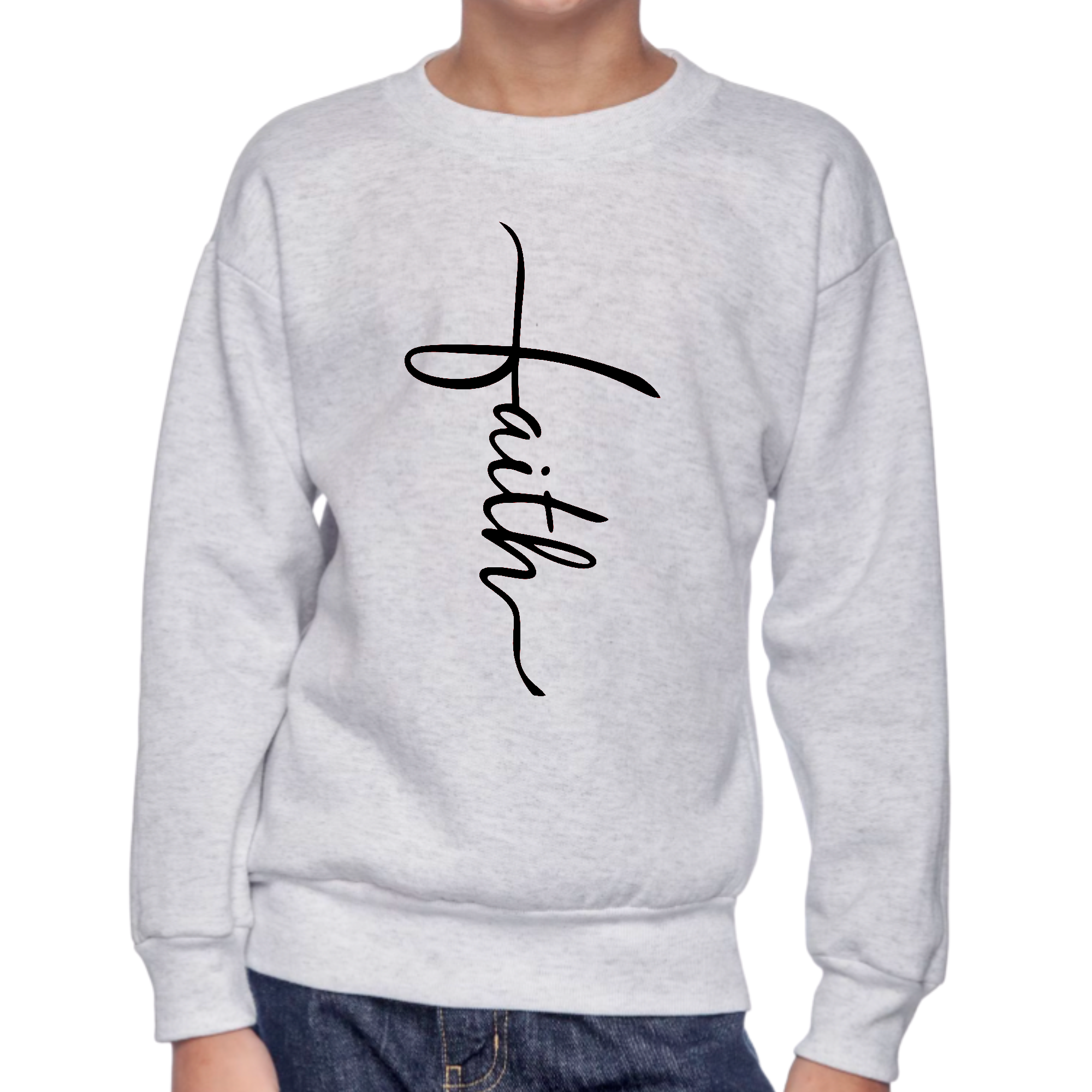 Youth graphic sweatshirt in black featuring a Faith Script Cross illustration, designed for boys with long sleeves and a comfortable fit.