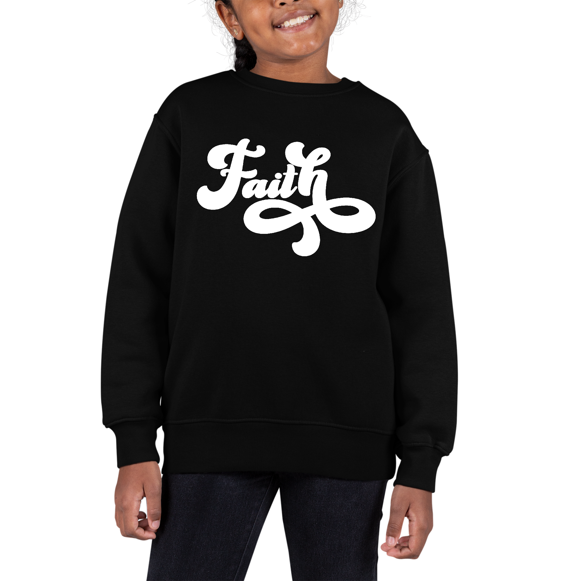 Youth graphic sweatshirt with Faith Script illustration, featuring long sleeves and ribbed collar.