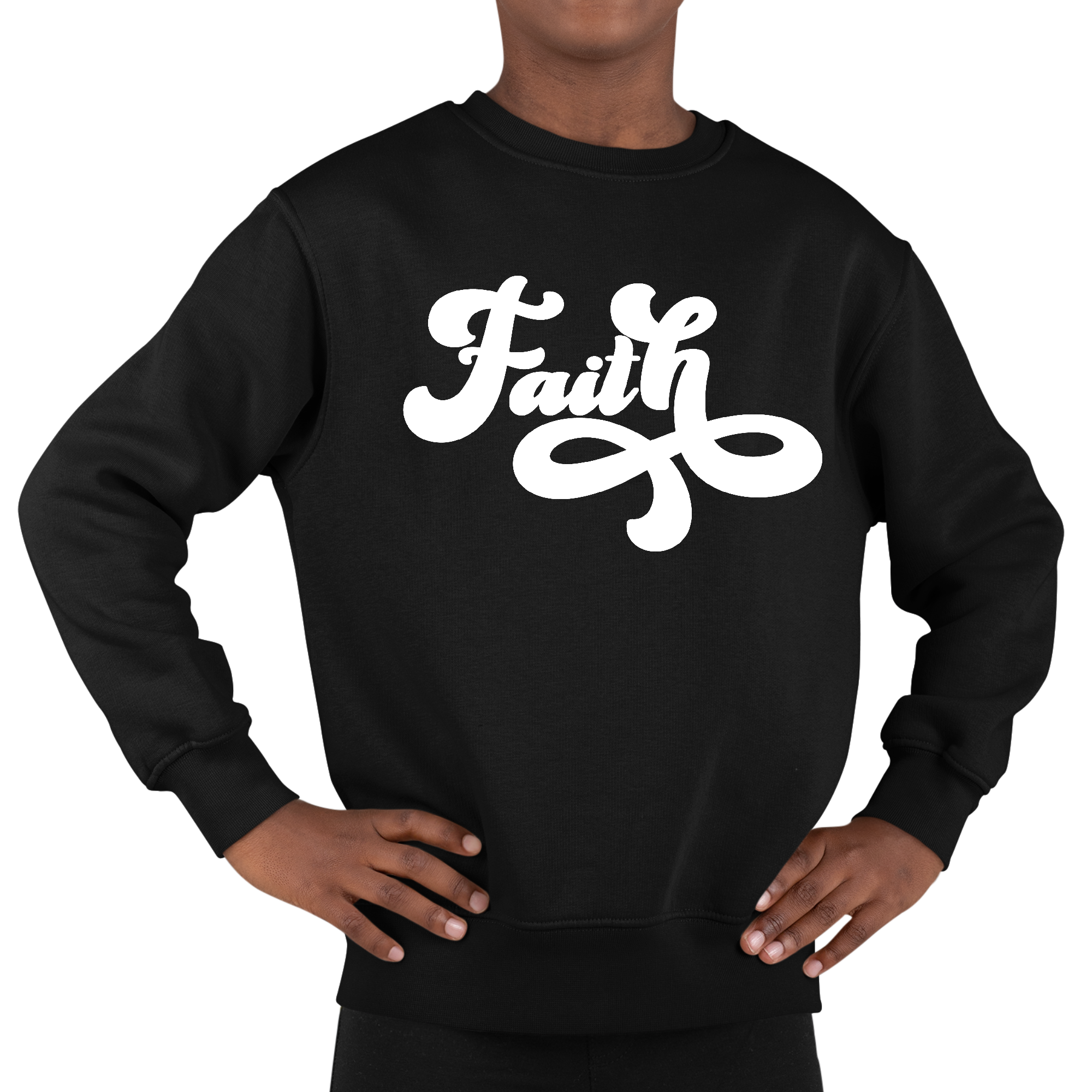 Youth graphic sweatshirt with Faith Script illustration, featuring long sleeves and ribbed collar.