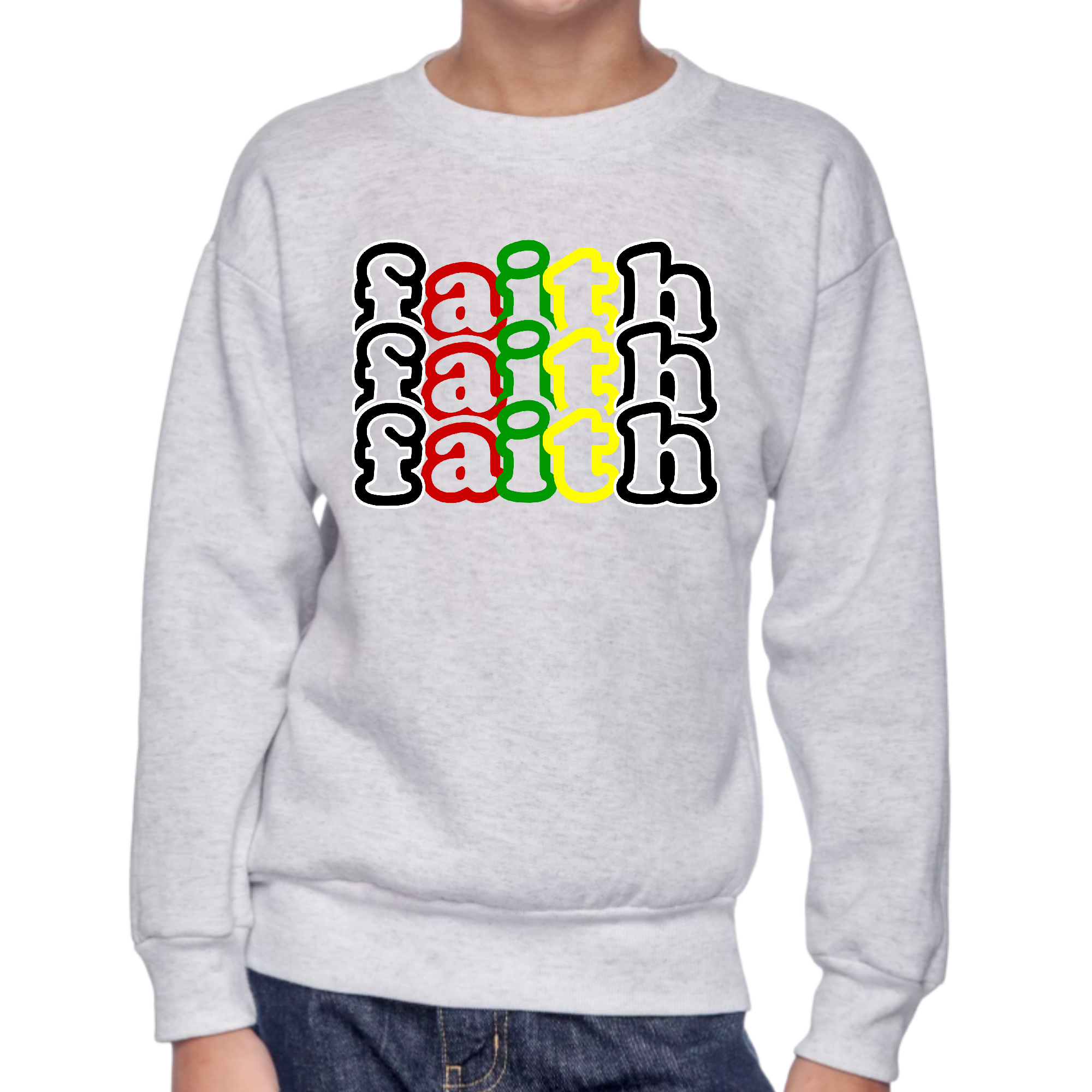 Youth graphic sweatshirt featuring a multicolor Faith Stack illustration on a black background, designed for boys.