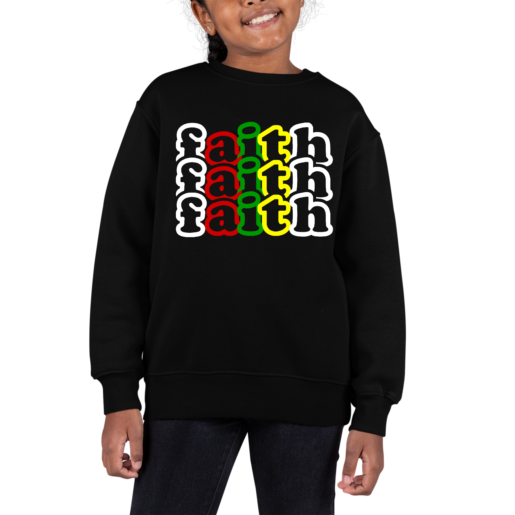 Youth graphic sweatshirt featuring a multicolor Faith Stack illustration, designed for comfort and durability.