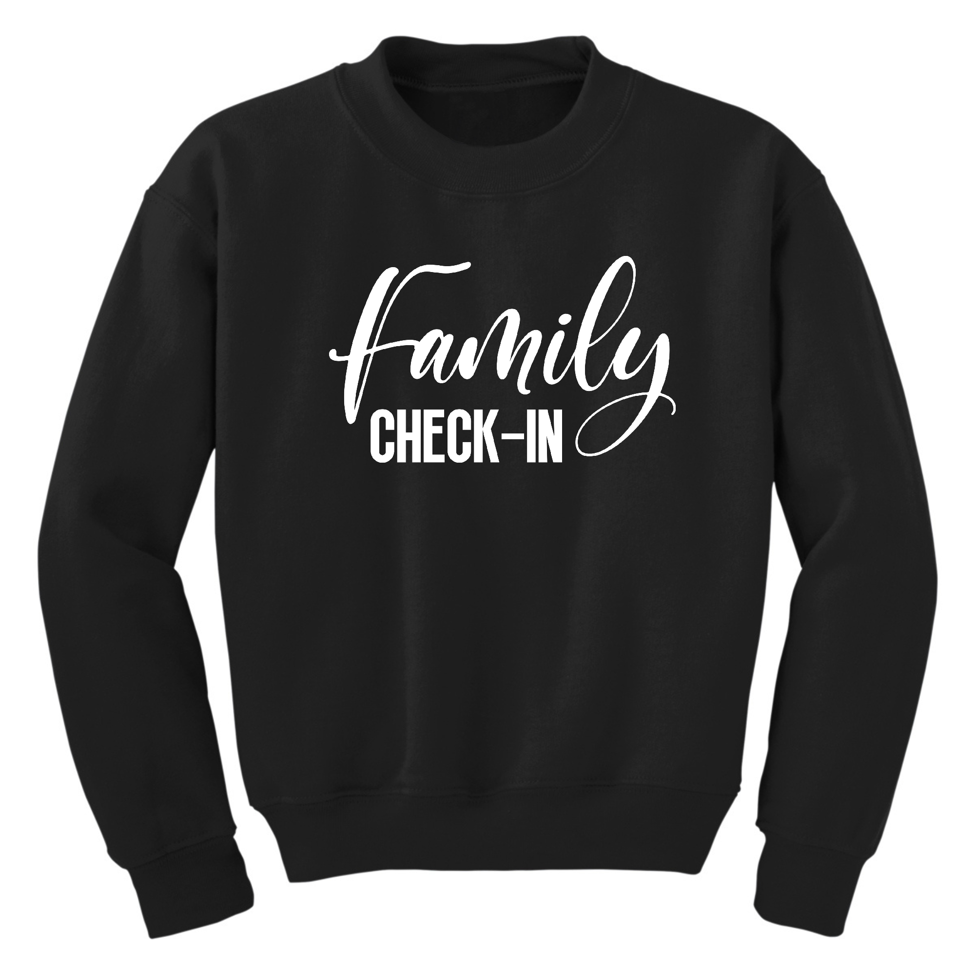 Youth graphic sweatshirt with Family Check-in illustration, featuring a comfortable crewneck design and long sleeves.