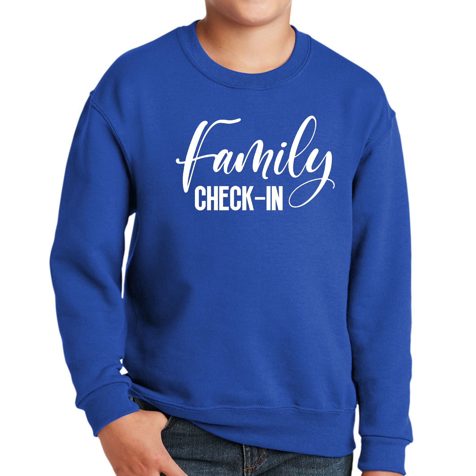 Youth graphic sweatshirt with Family Check-in illustration, featuring a comfortable crewneck design and long sleeves.