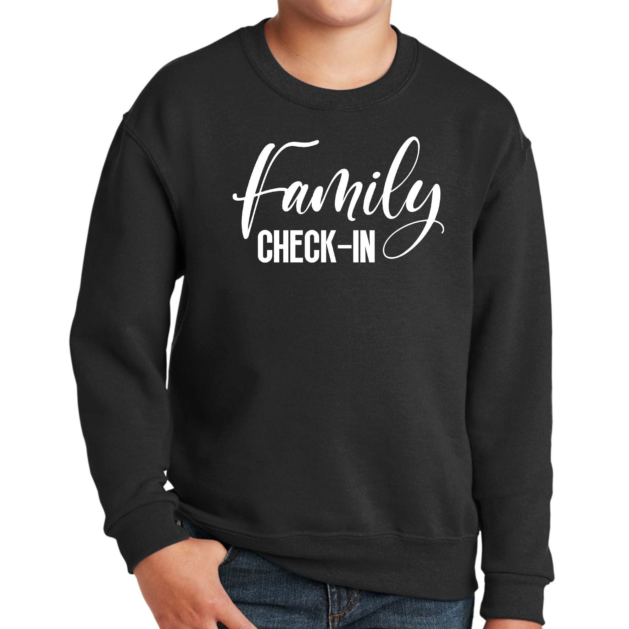 Youth graphic sweatshirt with Family Check-in illustration, featuring a comfortable crewneck design and long sleeves.