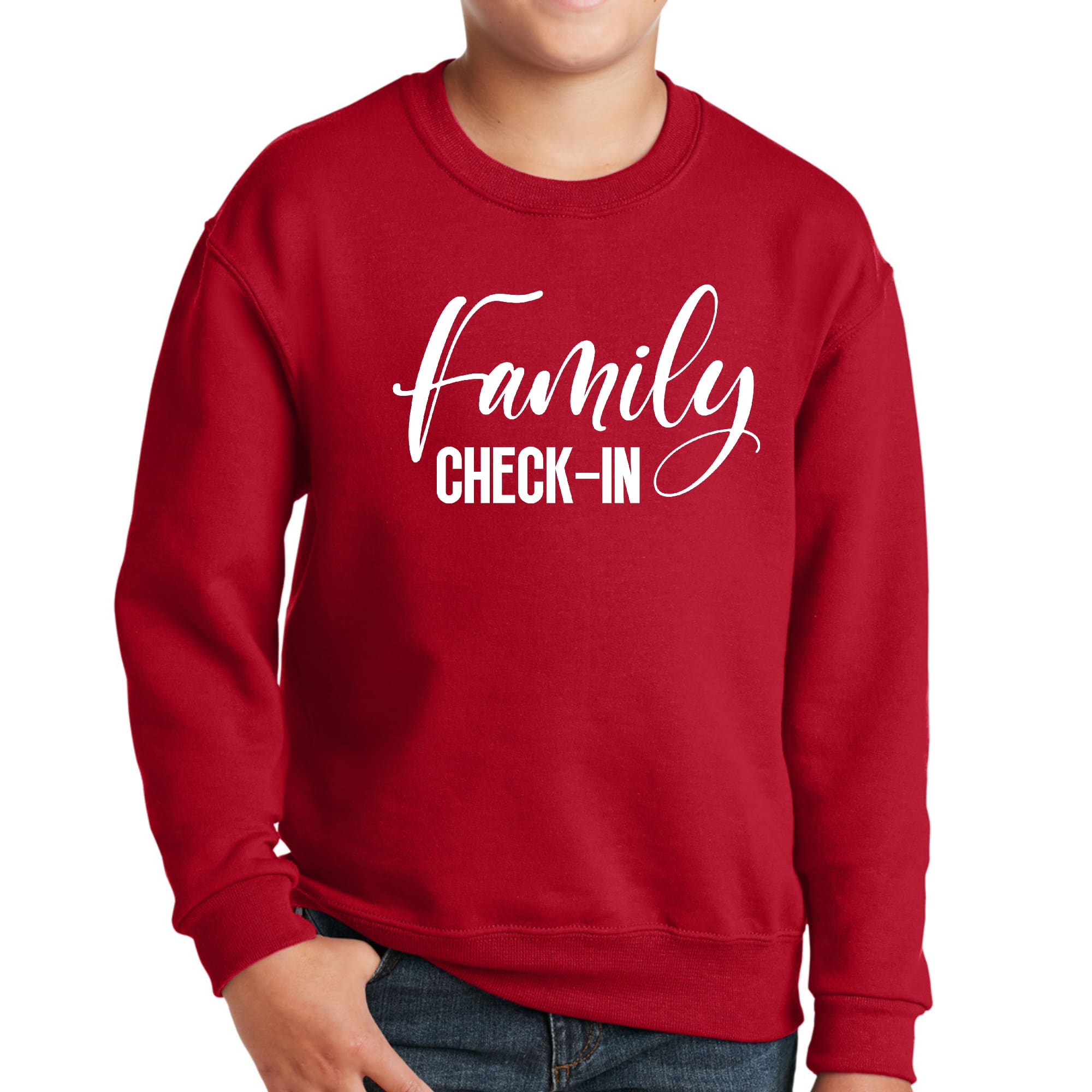 Youth graphic sweatshirt with Family Check-in illustration, featuring a comfortable crewneck design and long sleeves.