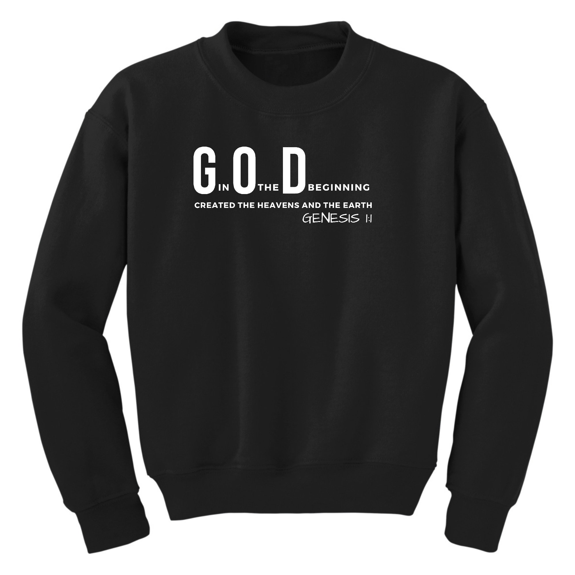 Youth graphic sweatshirt with 'God in the Beginning' print, featuring long sleeves and a comfortable crewneck design.