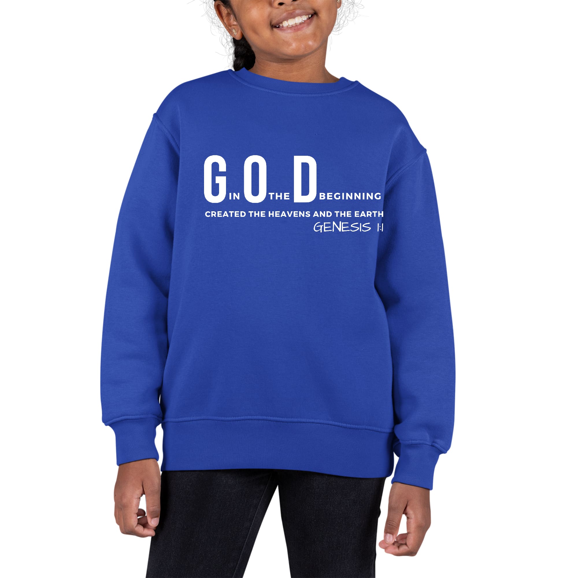 Youth graphic sweatshirt with 'God in the Beginning' print, featuring long sleeves and a comfortable crewneck design.