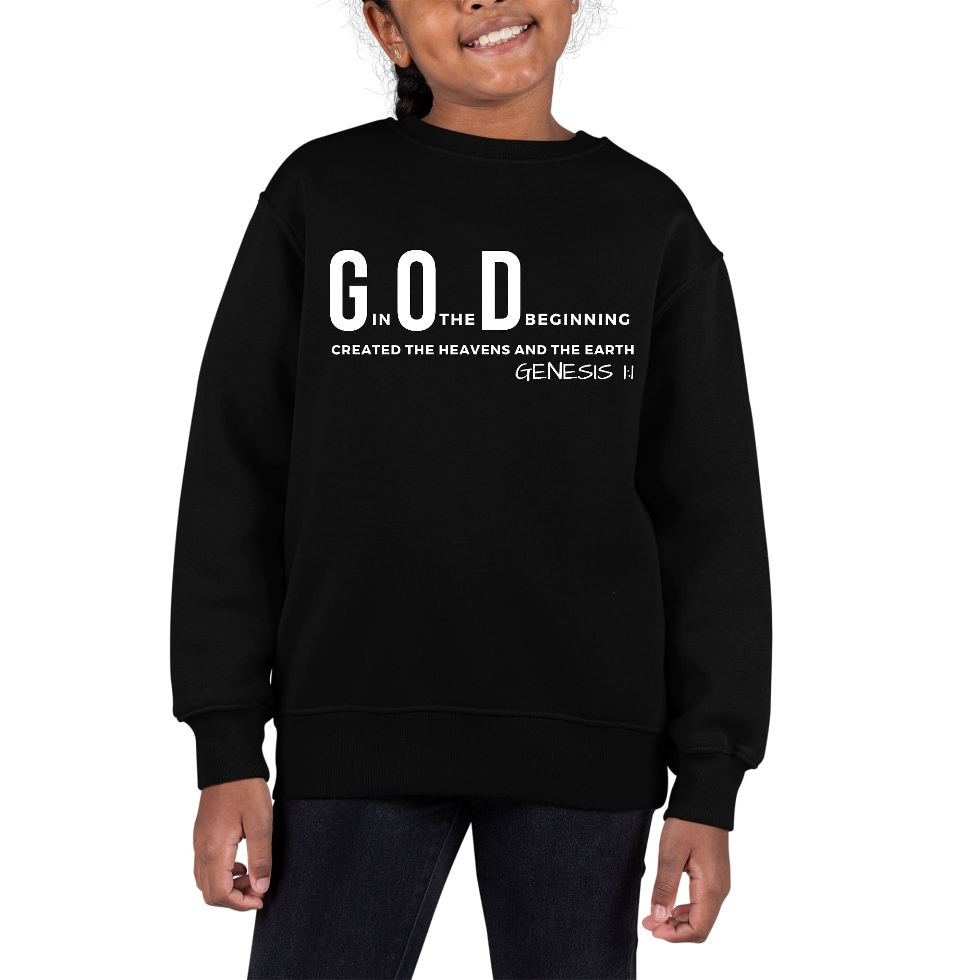 Youth graphic sweatshirt with 'God in the Beginning' print, featuring long sleeves and a comfortable crewneck design.