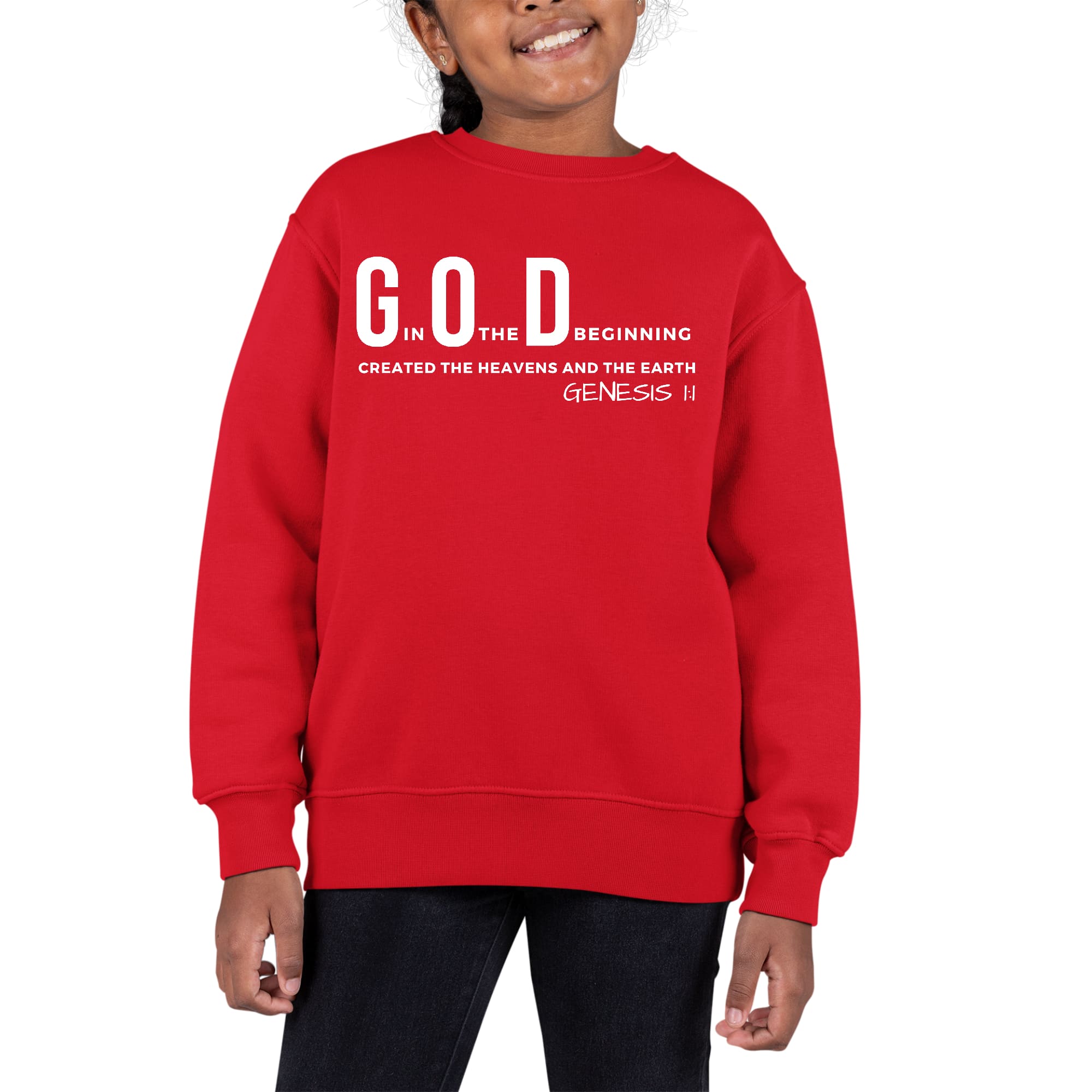 Youth graphic sweatshirt with 'God in the Beginning' print, featuring long sleeves and a comfortable crewneck design.