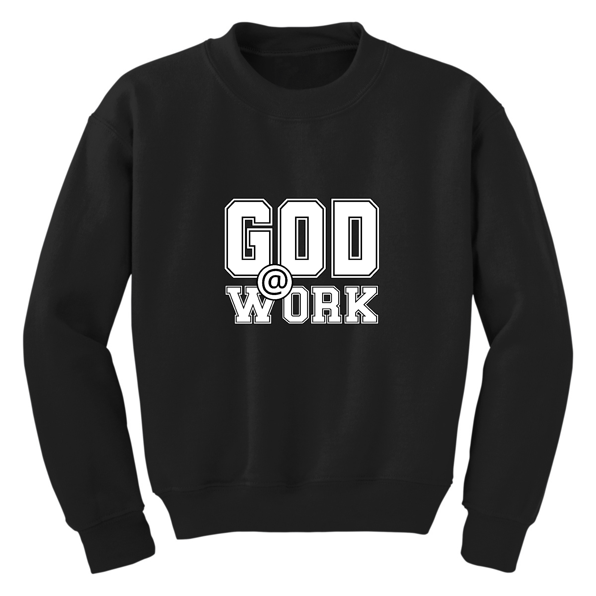 Youth Graphic Sweatshirt featuring a 'God @ Work' print in black and white, showcasing a comfortable crewneck design.