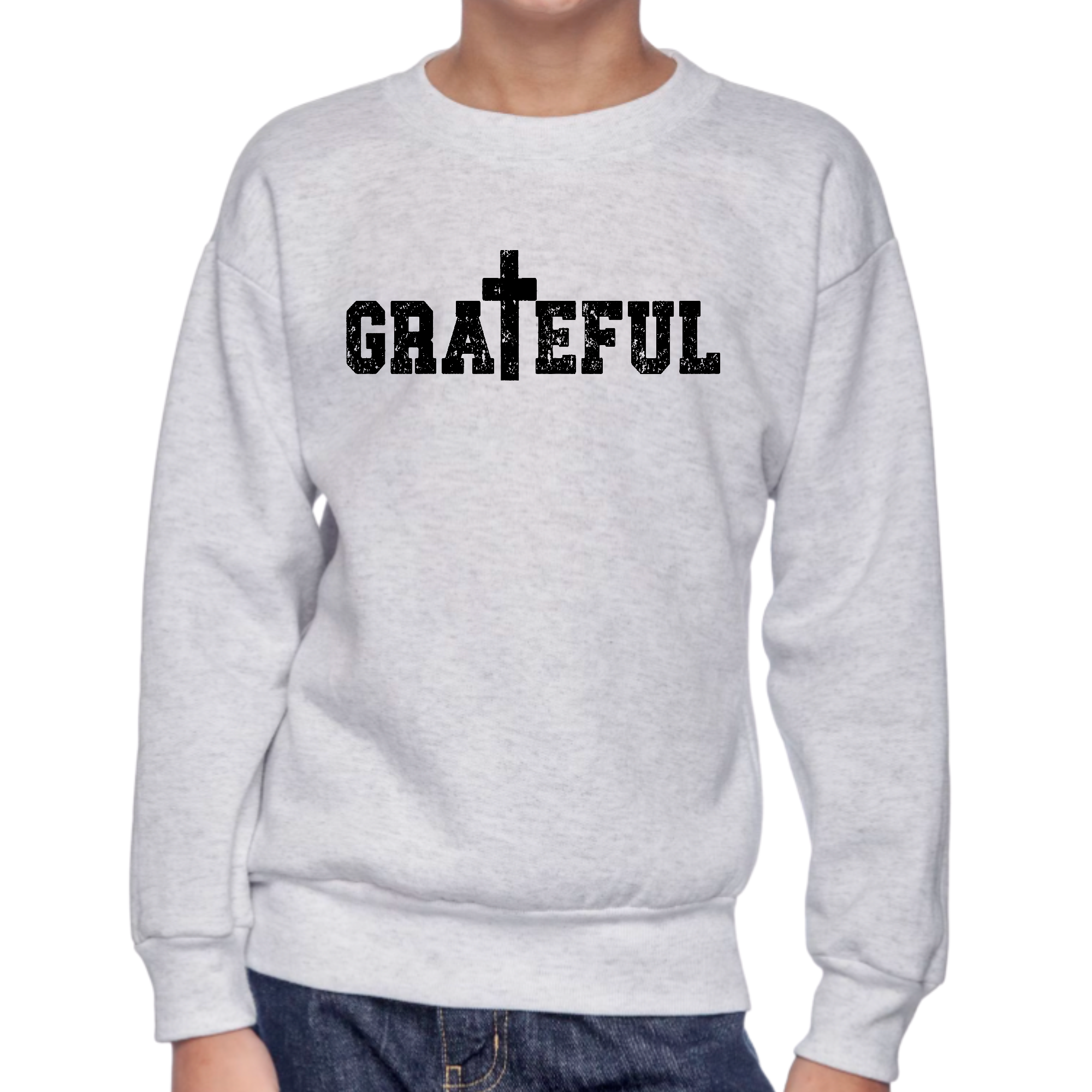 Youth Graphic Sweatshirt featuring a Grateful Print, showcasing a comfortable long sleeve design with ribbed collar and cuffs.