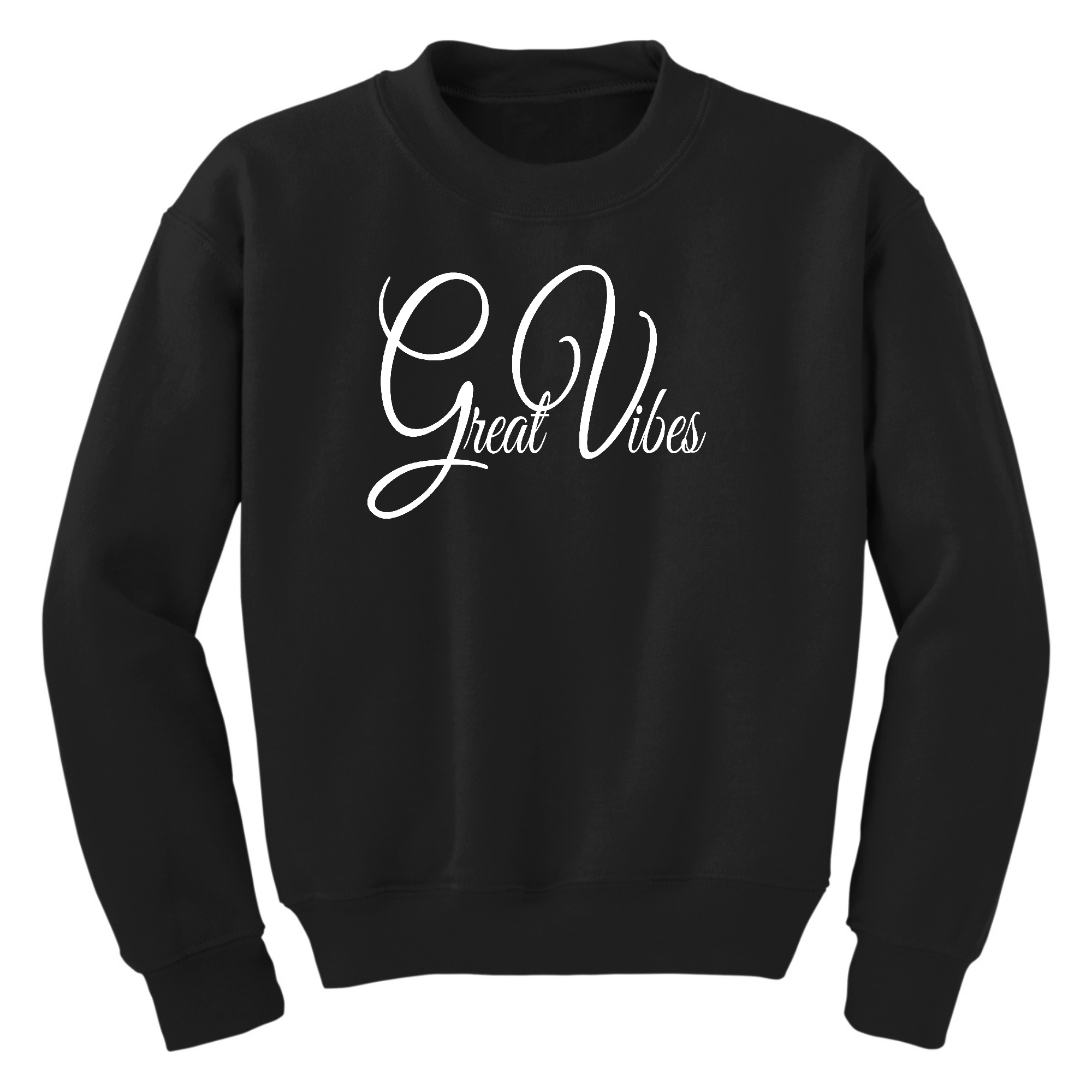 Youth Graphic Sweatshirt featuring 'Great Vibes' design, long sleeves, and ribbed collar.