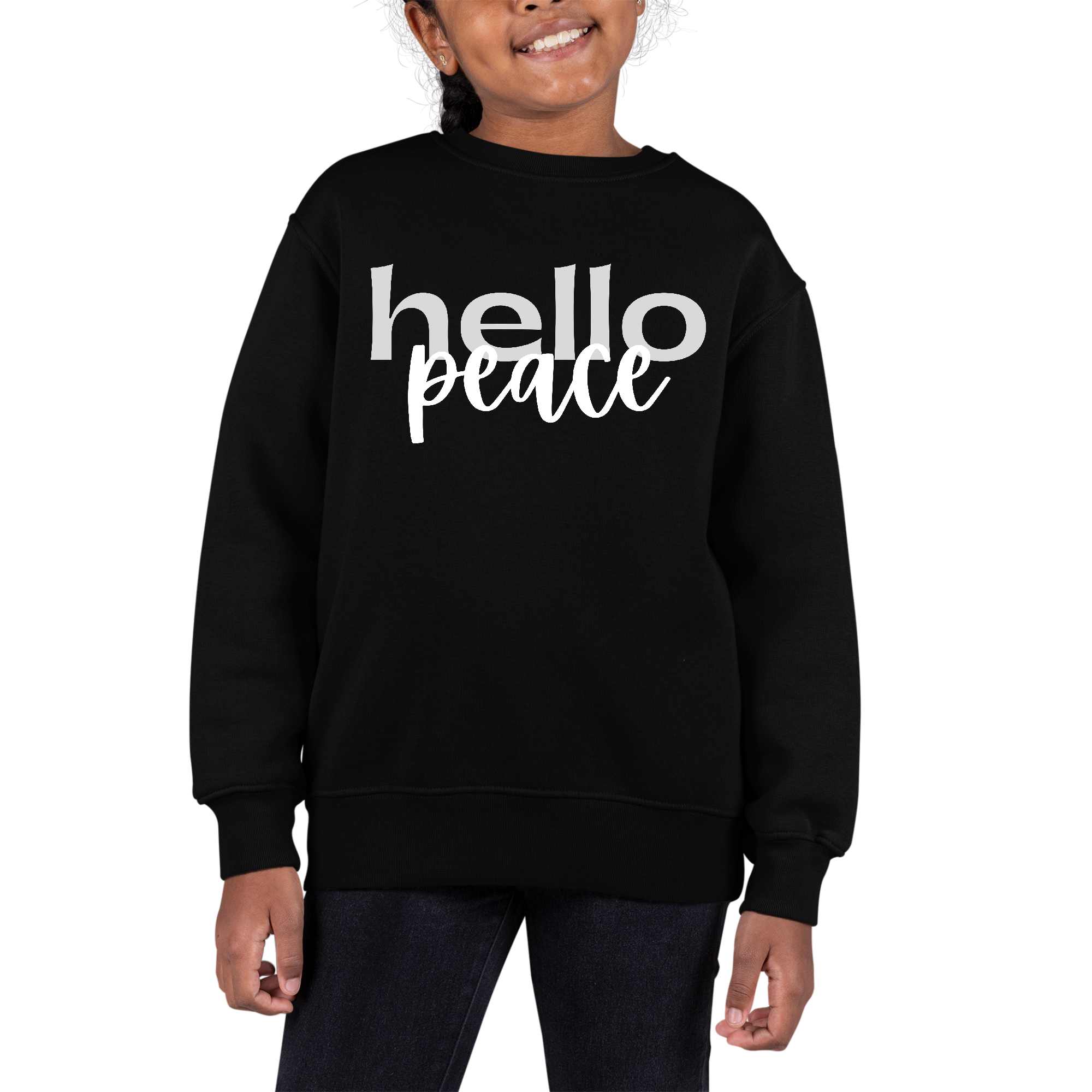 Youth Graphic Sweatshirt in grey and white with 'Hello Peace' motivational print, featuring long sleeves and ribbed collar.