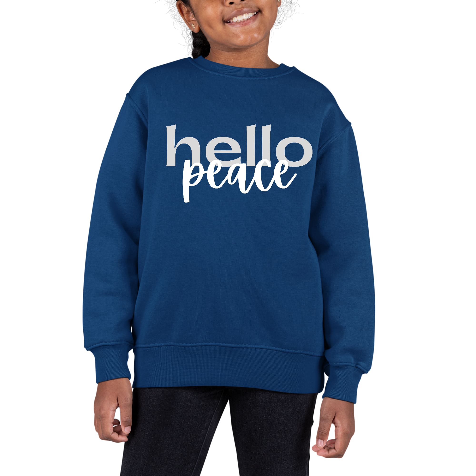 Youth Graphic Sweatshirt in grey and white with 'Hello Peace' motivational print, featuring long sleeves and ribbed collar.