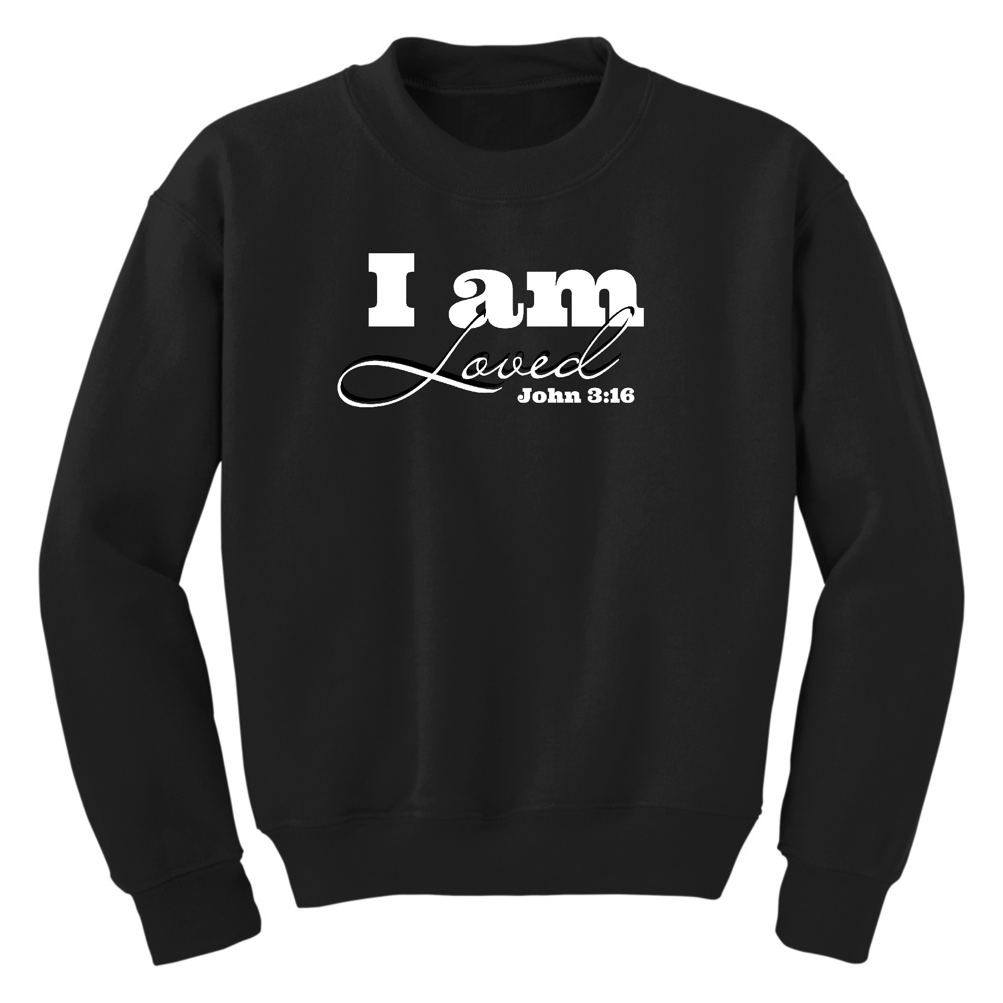 Youth graphic sweatshirt featuring 'I Am Loved' John 3:16 illustration, showcasing a comfortable crewneck design with long sleeves.