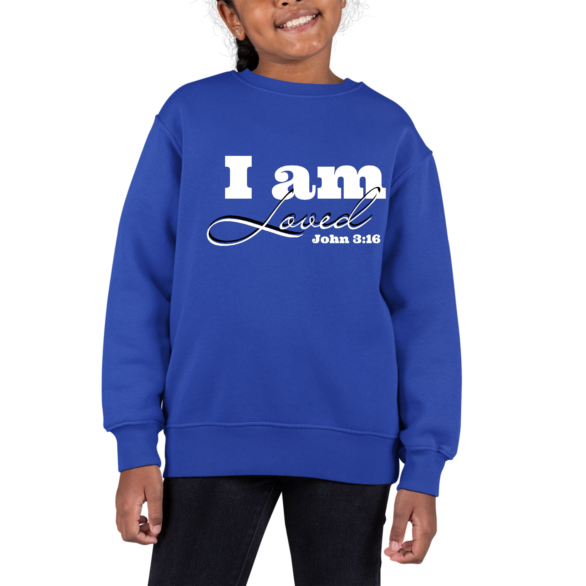 Youth graphic sweatshirt featuring 'I Am Loved' John 3:16 illustration, showcasing a comfortable crewneck design with long sleeves.