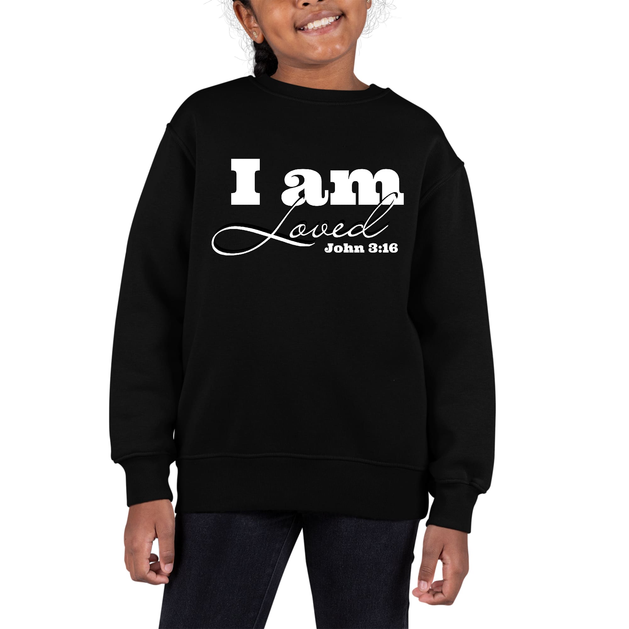 Youth graphic sweatshirt featuring 'I Am Loved' John 3:16 illustration, showcasing a comfortable crewneck design with long sleeves.