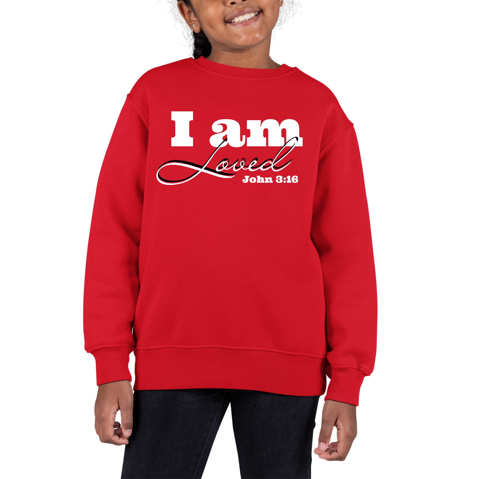 Youth graphic sweatshirt featuring 'I Am Loved' John 3:16 illustration, showcasing a comfortable crewneck design with long sleeves.