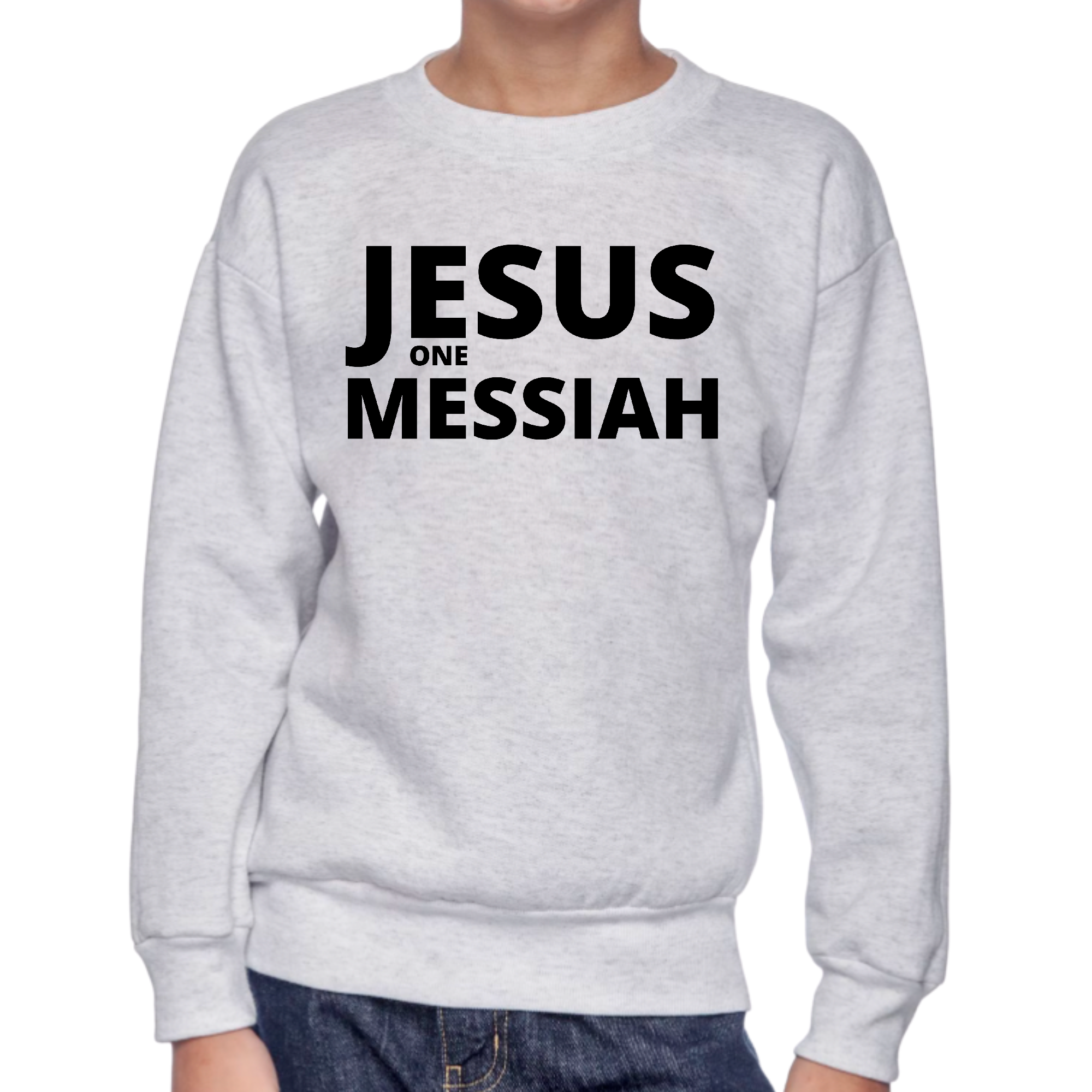 Youth Graphic Sweatshirt with Jesus one Messiah black illustration, featuring long sleeves and ribbed collar.