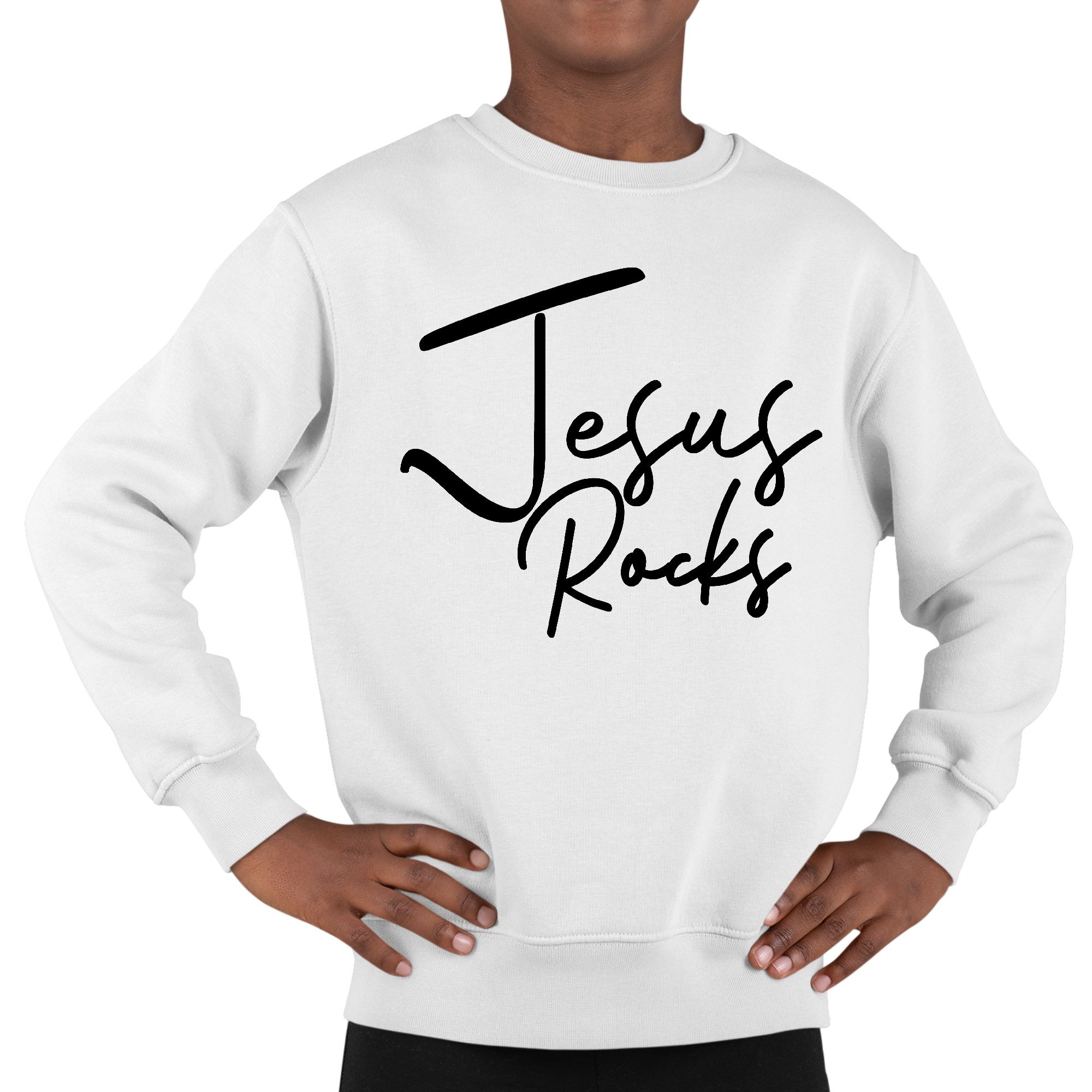 Youth Graphic Sweatshirt featuring a bold Jesus Rocks print, designed for boys with long sleeves and a comfortable fit.