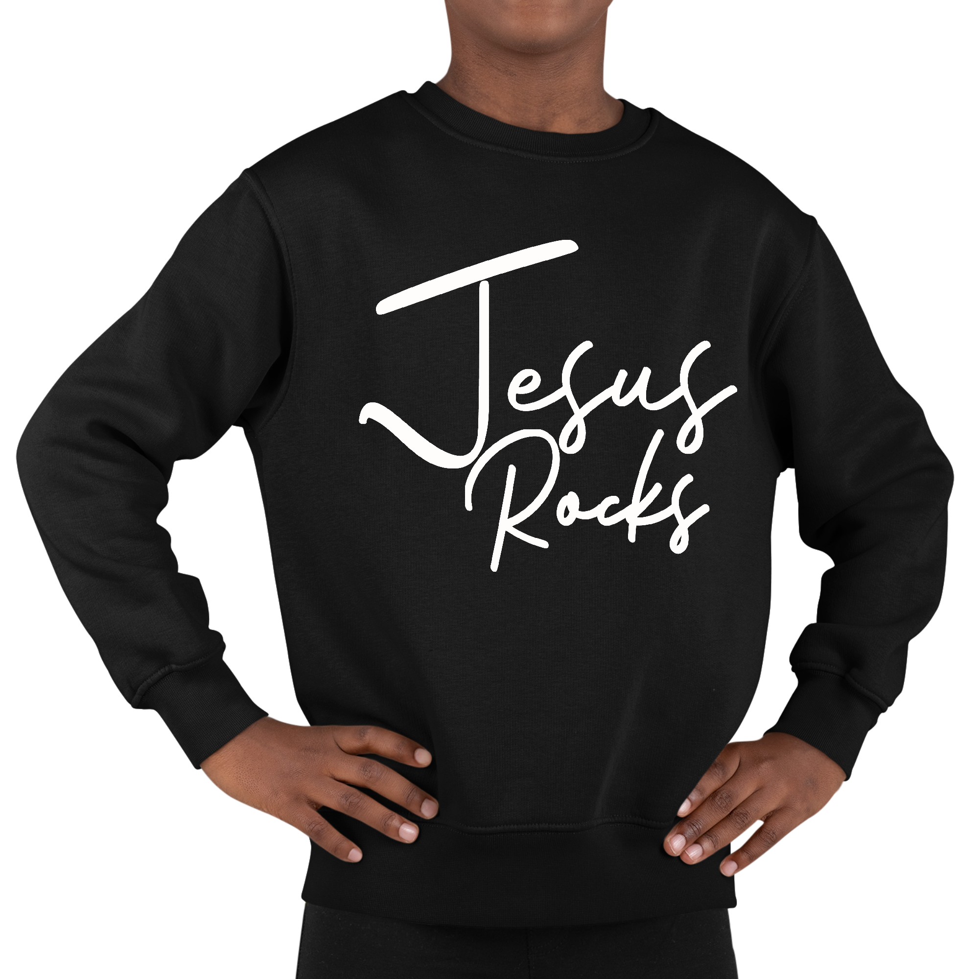 Youth Graphic Sweatshirt with Jesus Rocks print, featuring a comfortable crewneck design and long sleeves, perfect for young believers.