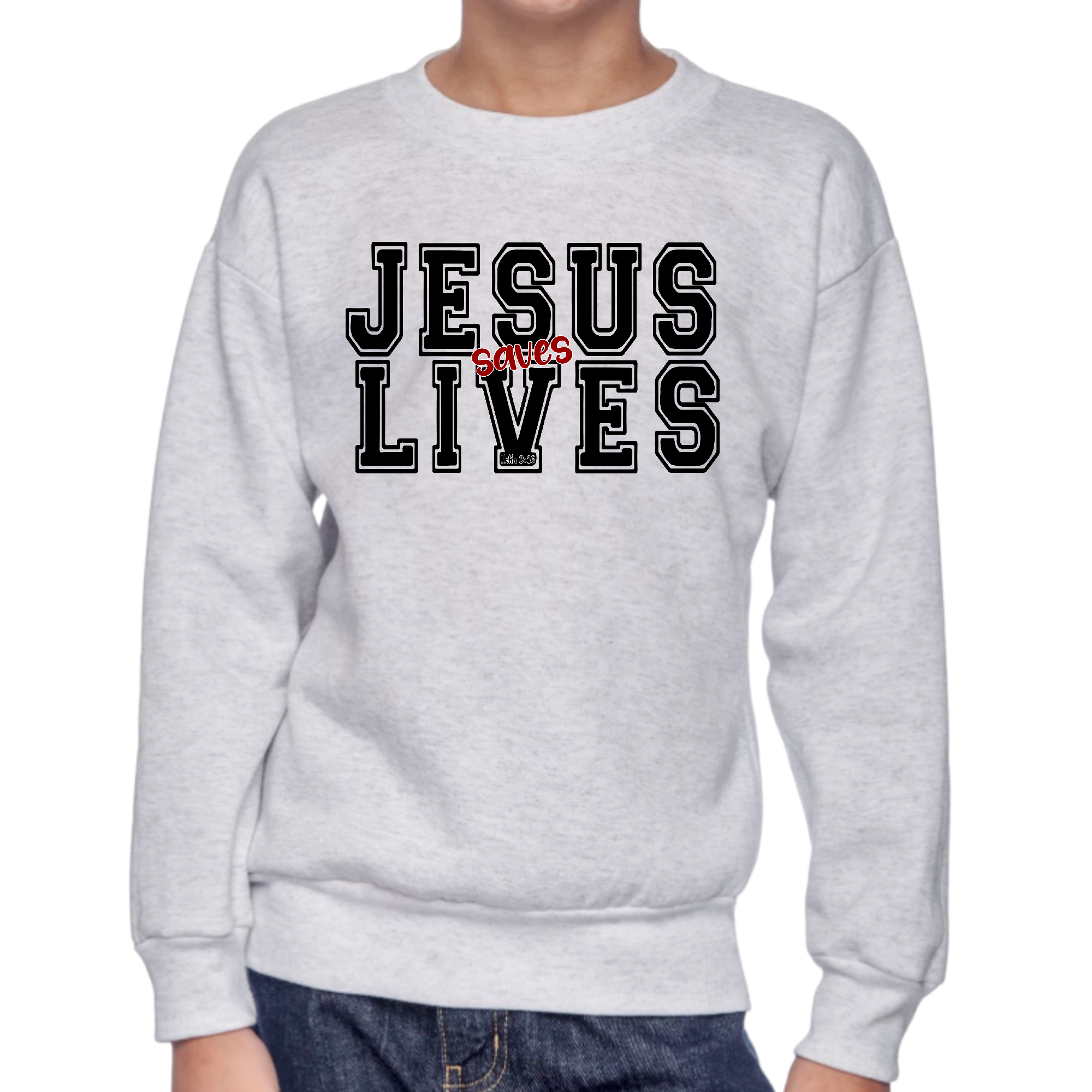 Youth graphic sweatshirt in black and red featuring 'Jesus Saves Lives' illustration, designed for boys with long sleeves and ribbed cuffs.