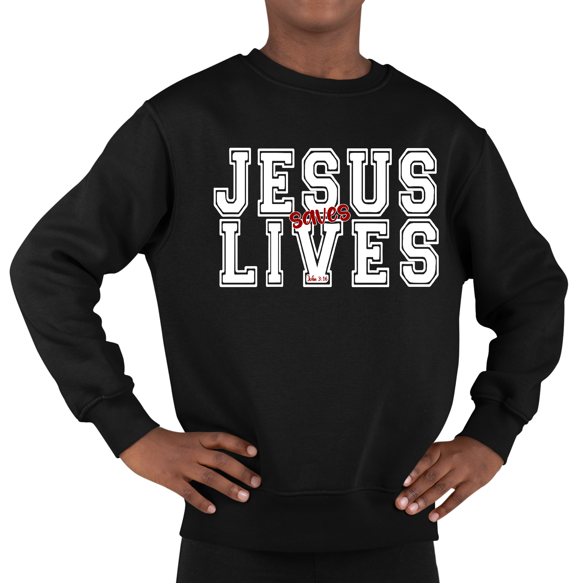 Youth graphic sweatshirt in white with red 'Jesus Saves Lives' illustration, featuring long sleeves and ribbed cuffs.