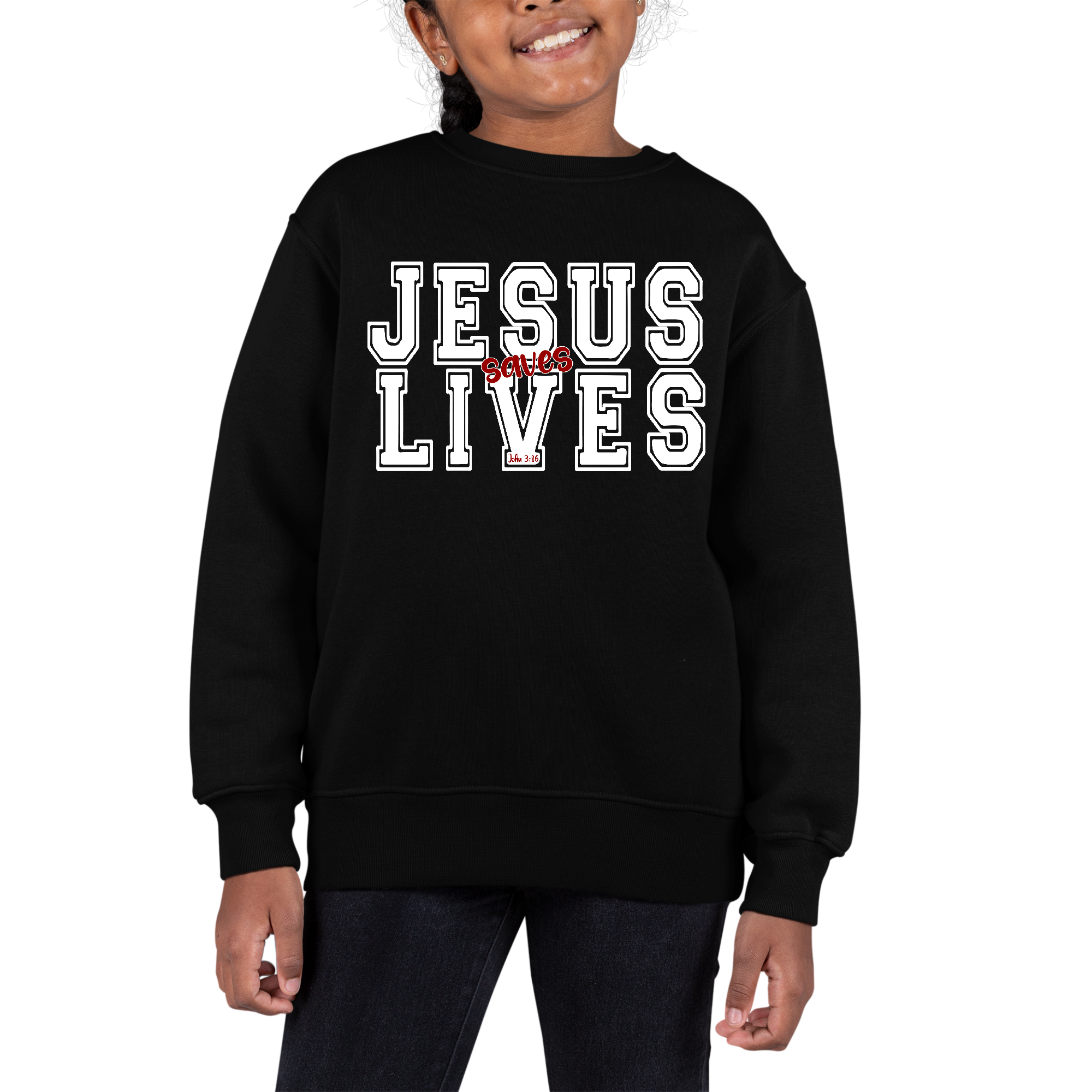 Youth graphic sweatshirt in white with red 'Jesus Saves Lives' illustration, featuring long sleeves and a comfortable crewneck design.