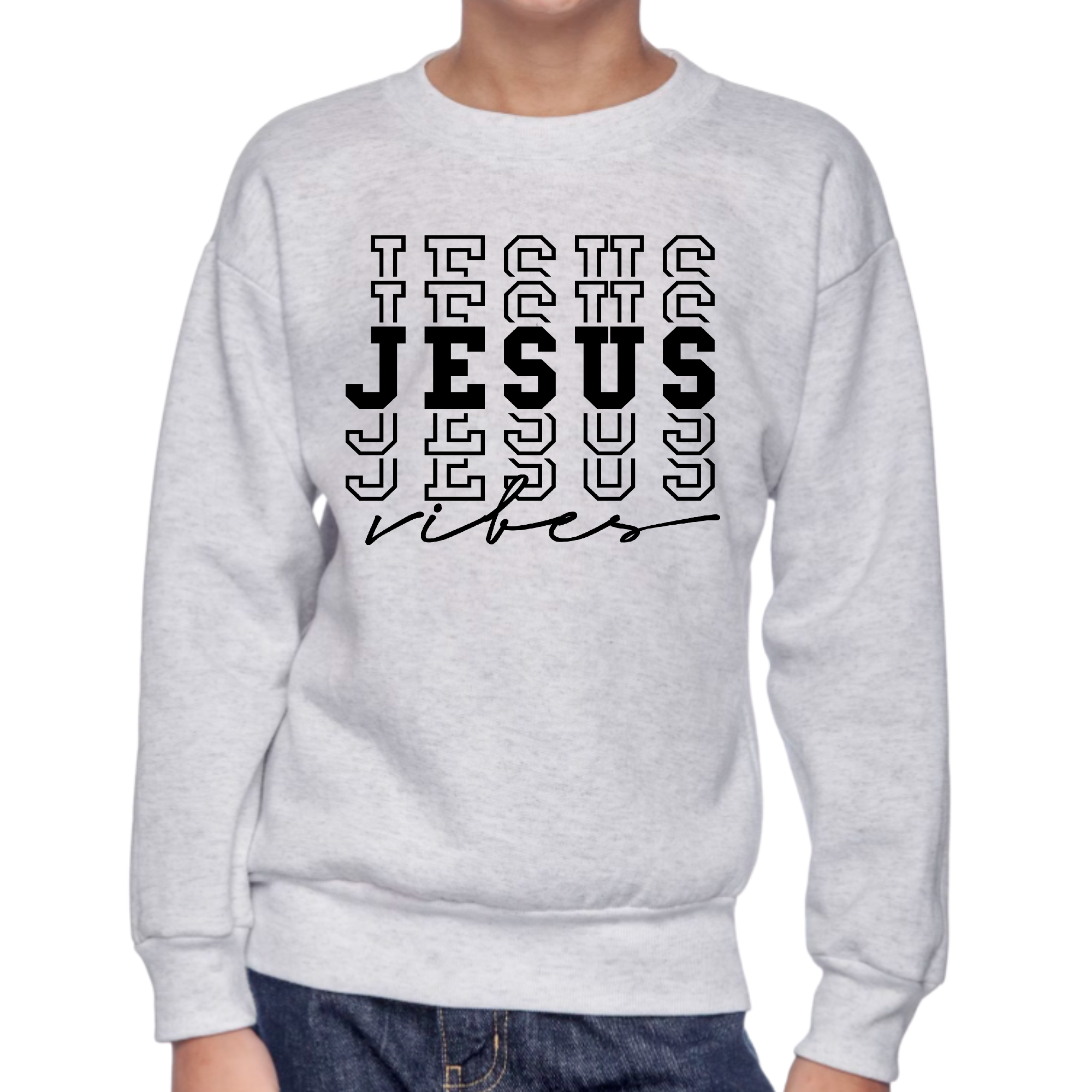 Youth Graphic Sweatshirt with Jesus Vibes, featuring a stylish design and comfortable fit for boys.