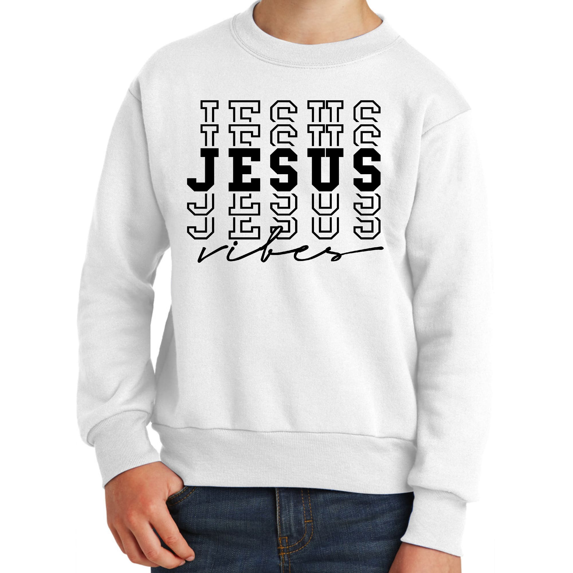 Youth Graphic Sweatshirt with Jesus Vibes, featuring a stylish design and comfortable fit for boys.