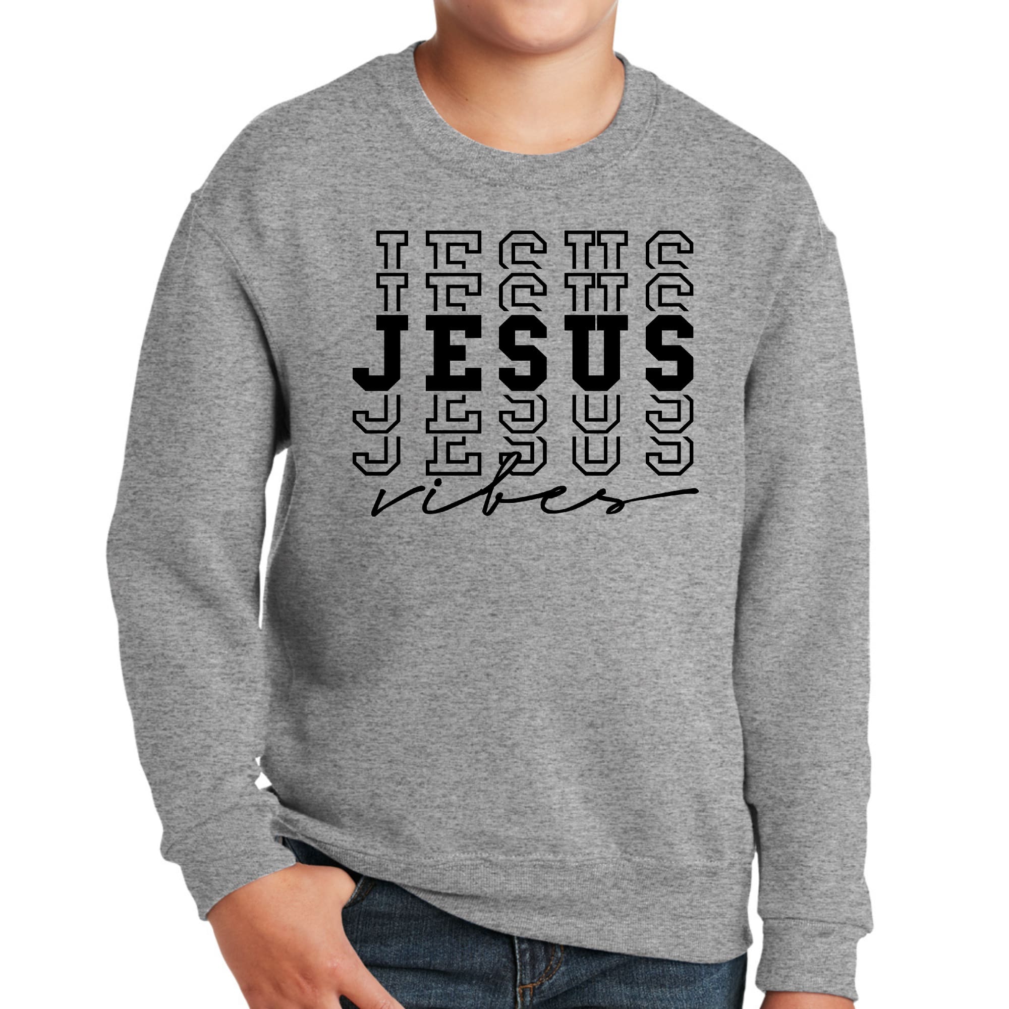 Youth Graphic Sweatshirt with Jesus Vibes, featuring a stylish design and comfortable fit for boys.