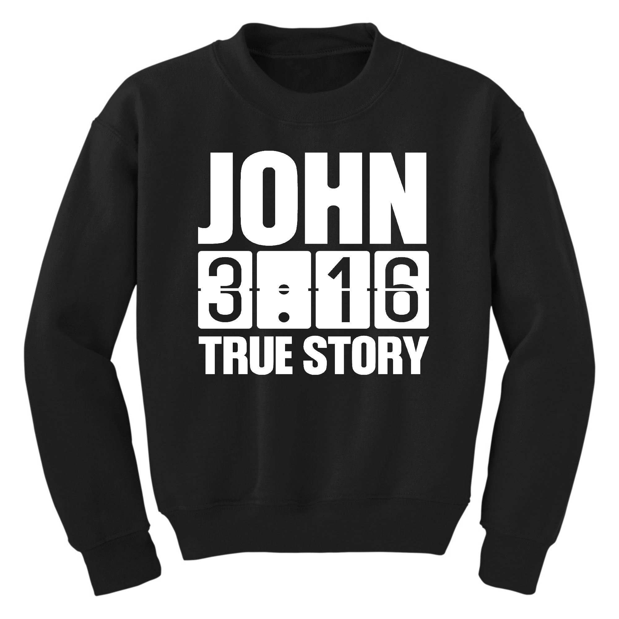 Youth Graphic Sweatshirt with John 3:16 True Story print, featuring a comfortable crewneck design and long sleeves.