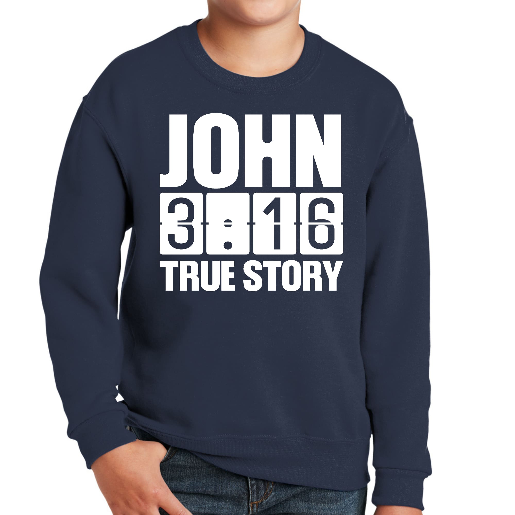 Youth Graphic Sweatshirt with John 3:16 True Story print, featuring a comfortable crewneck design and long sleeves.