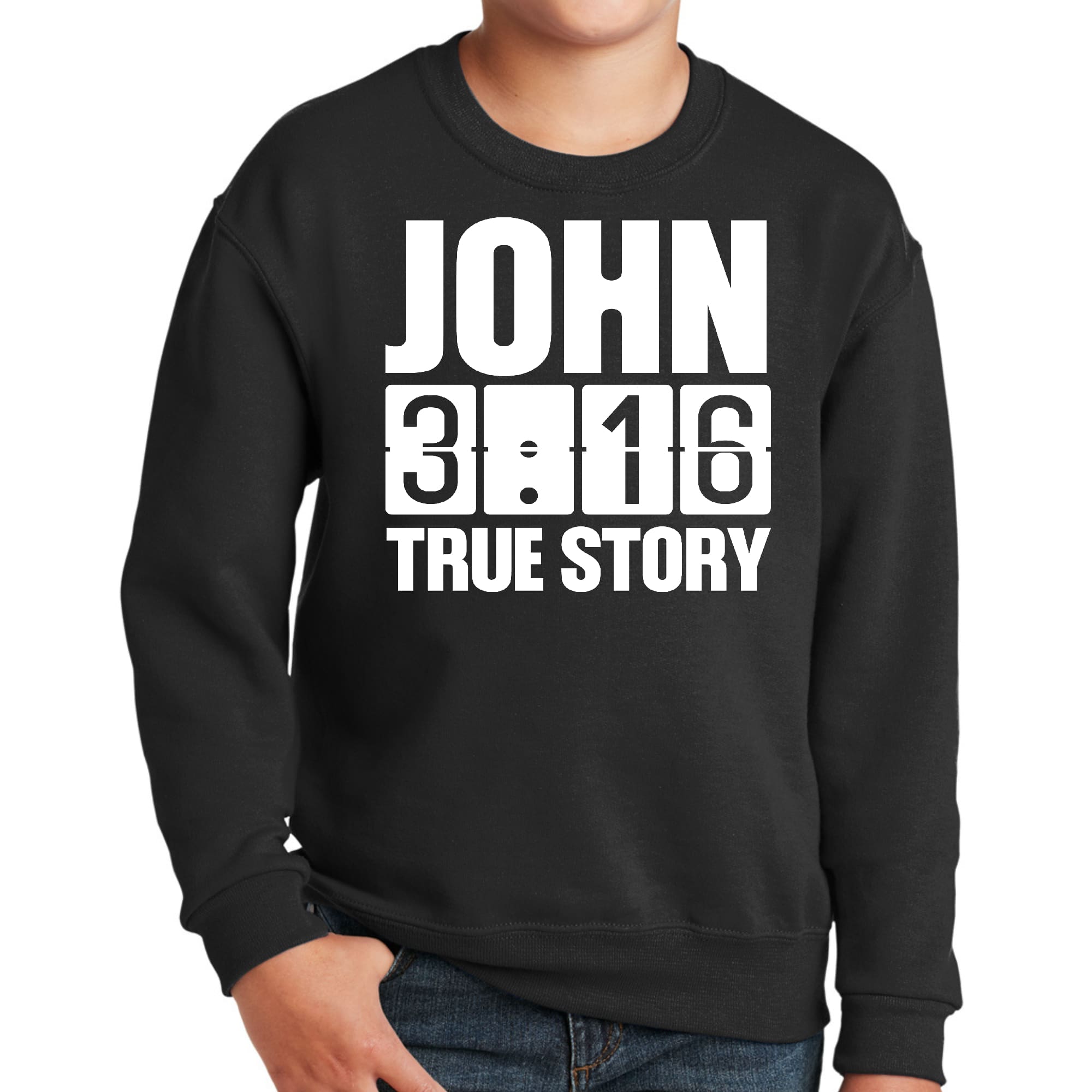 Youth Graphic Sweatshirt with John 3:16 True Story print, featuring a comfortable crewneck design and long sleeves.