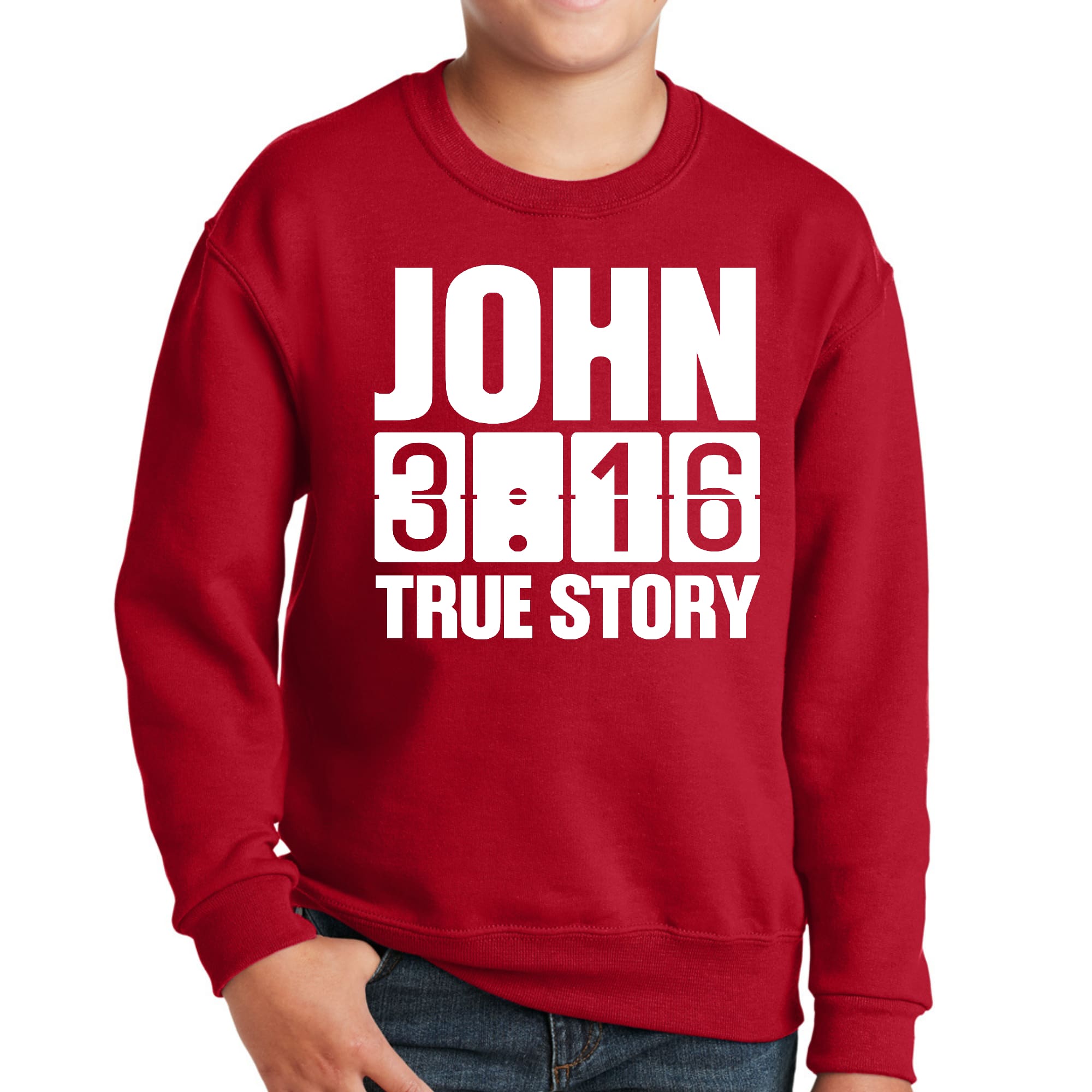 Youth Graphic Sweatshirt with John 3:16 True Story print, featuring a comfortable crewneck design and long sleeves.