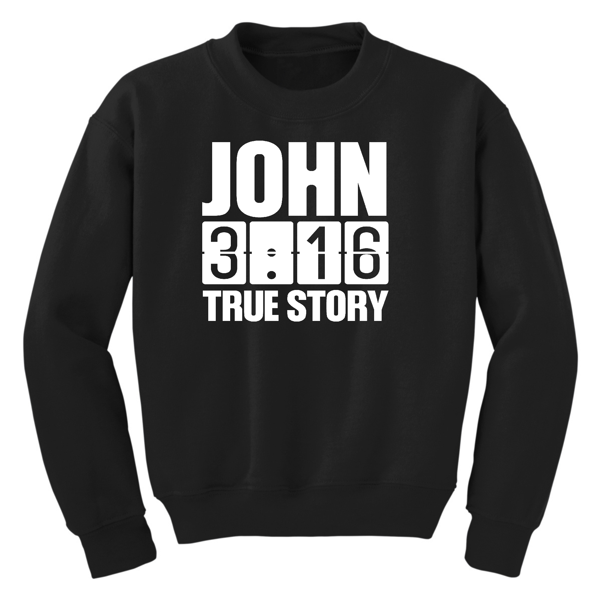 Youth graphic sweatshirt with John 3:16 True Story print, featuring long sleeves and a comfortable crewneck design.