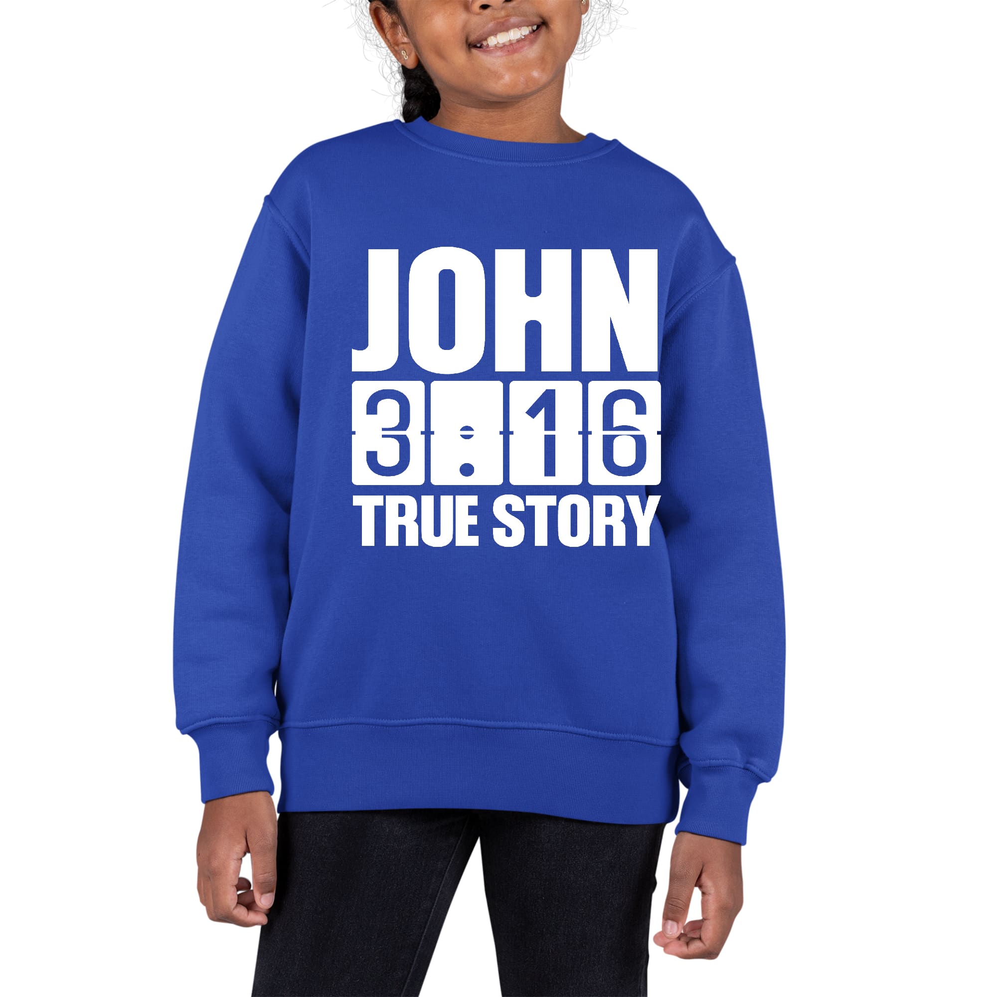 Youth graphic sweatshirt with John 3:16 True Story print, featuring long sleeves and a comfortable crewneck design.