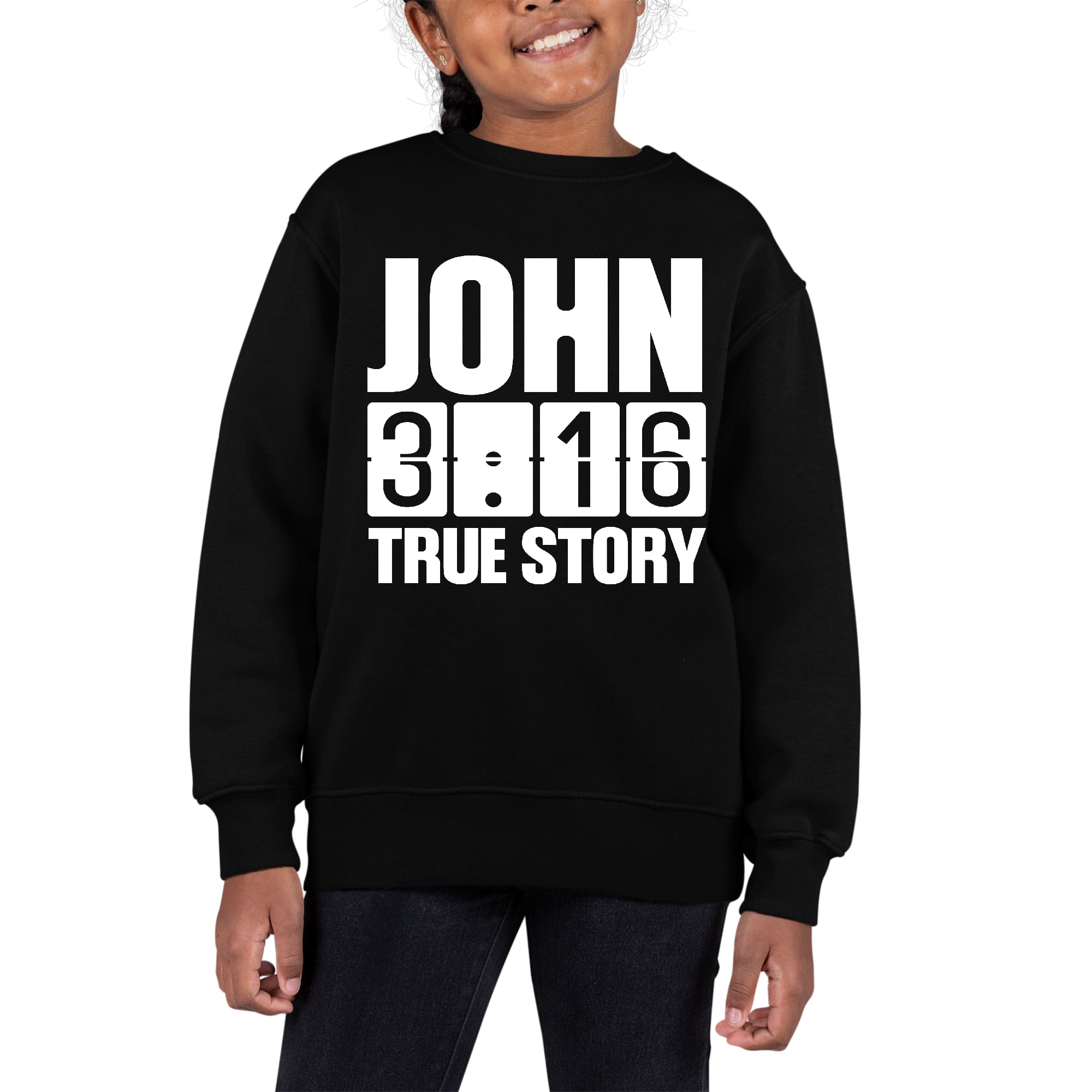 Youth graphic sweatshirt with John 3:16 True Story print, featuring long sleeves and a comfortable crewneck design.