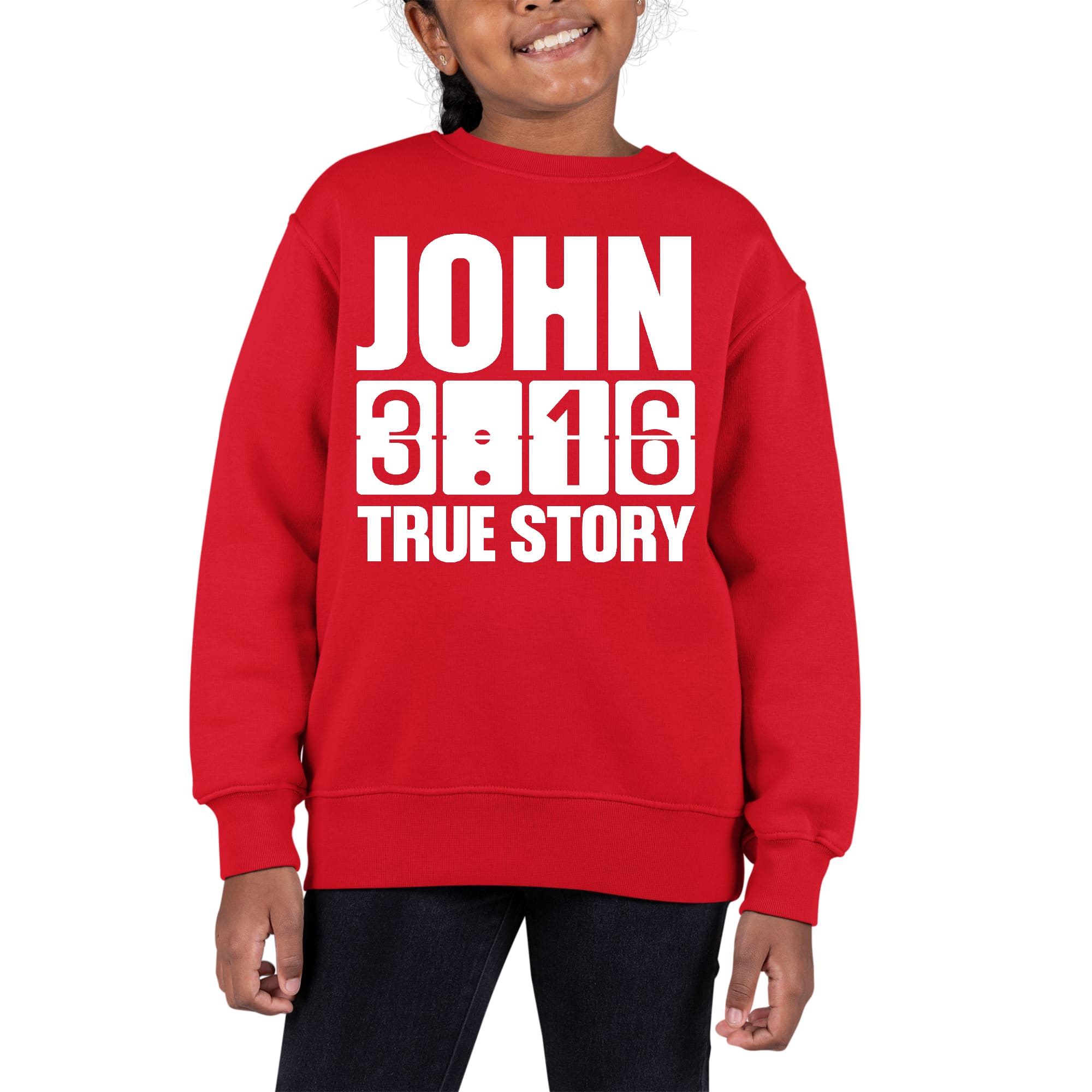 Youth graphic sweatshirt with John 3:16 True Story print, featuring long sleeves and a comfortable crewneck design.