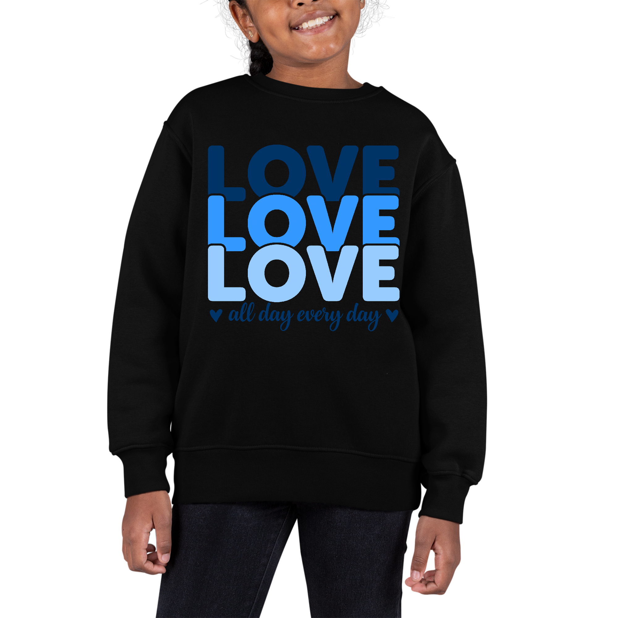 Youth Graphic Sweatshirt in blue with Love All Day Every Day print, featuring long sleeves and a comfortable crewneck design.